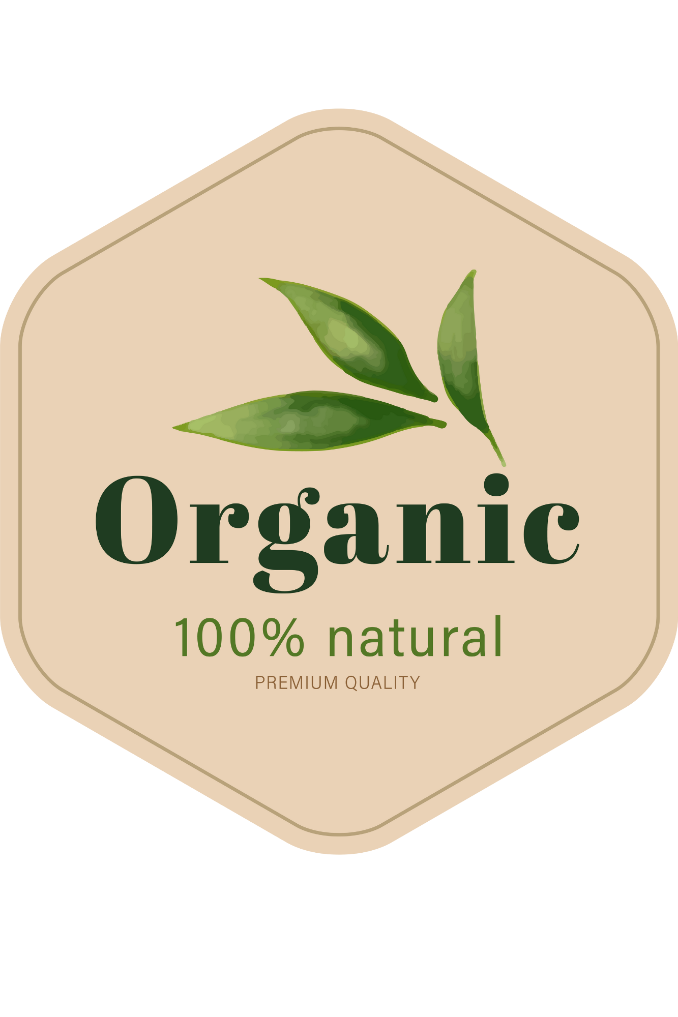 A label with green leaves and the words 'Organic, 100% natural, premium quality' on a beige background.