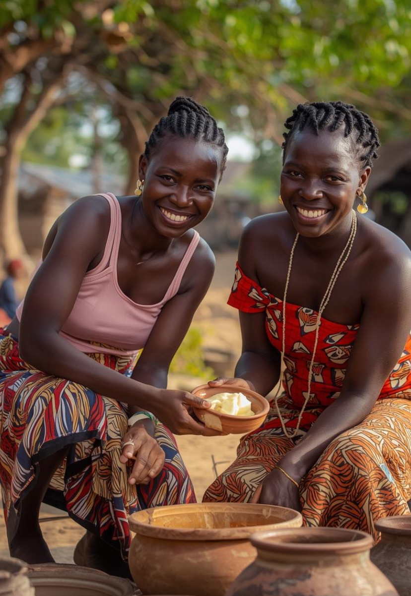 Two smiling African women wearing colorful skirts, one in a pink top and the other in a red off-the-shoulder dress, are outdoors under trees. They are holding a small bowl with food, possibly butter or foam, and sitting in a setting with clay pots on the ground.