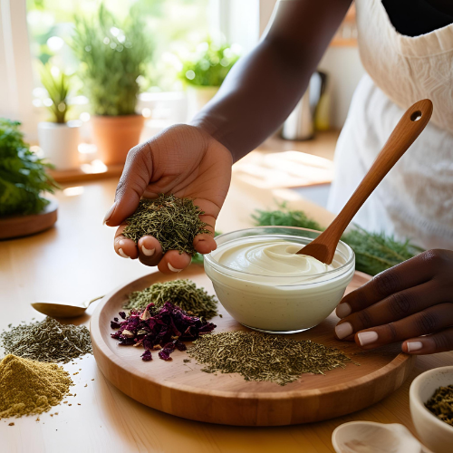 Person preparing herbal remedies with various dried herbs and a bowl of cream on a wooden board.