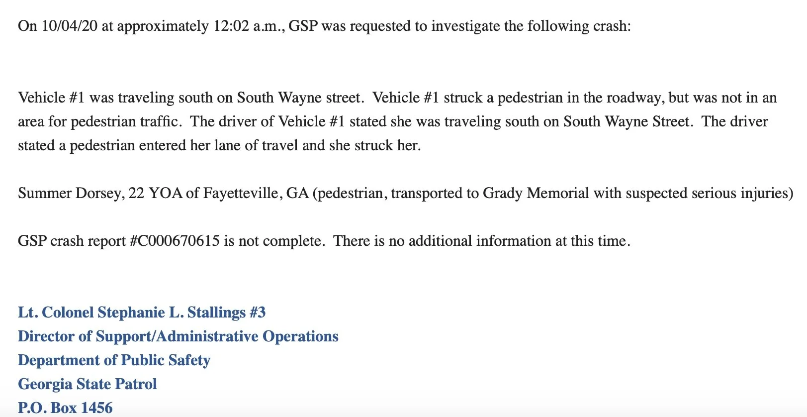 Georgia State Patrol statement 10/4/2020
