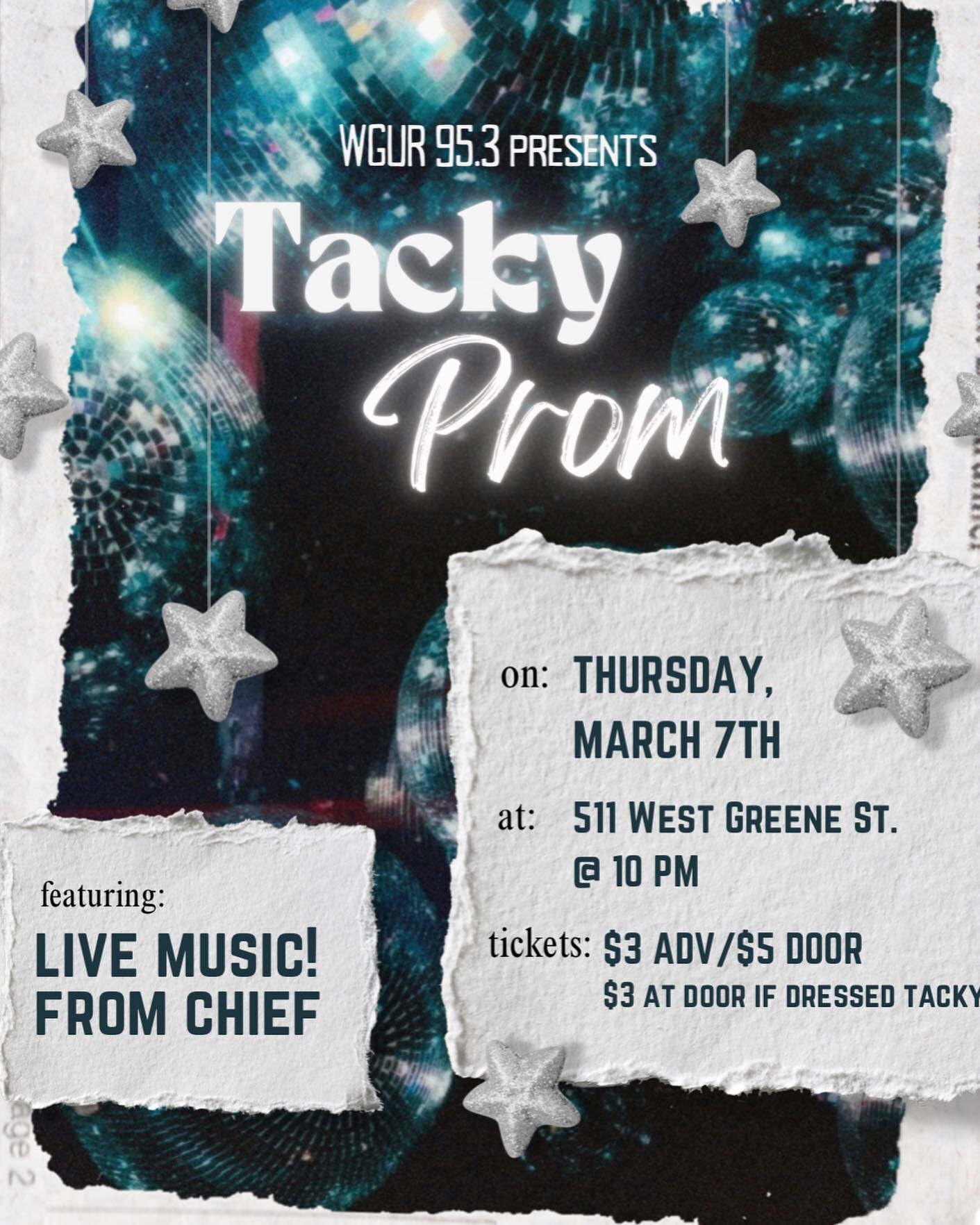 VENUE CHANGED TO 511 W. GREENE ST🎸
Bust out that powder blue tuxedo or that ugly chevron high low dress for WGUR&rsquo;s tacky prom this Thursday at 10pm at 511 W. Greene St!! Your favorite heart throb cover band Chief will be playing some 80s and 9