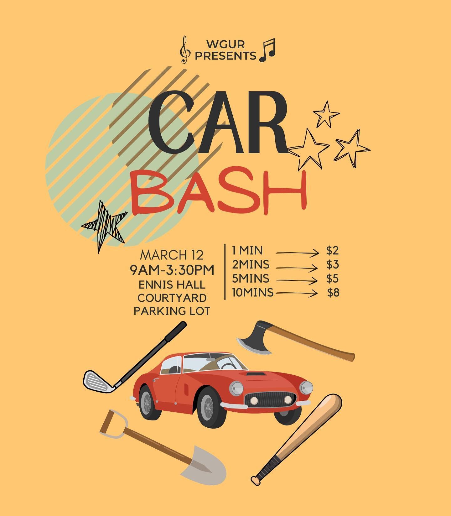 Need to get that stress out? Well we have something to punch, beat with a bat, or hit with a sledgehammer. Come to WGUR&rsquo;s CAR BASH and take out all that stress, anxiety, and general anger at the world, out on a clunker car! $2 for 1 minute, $3 