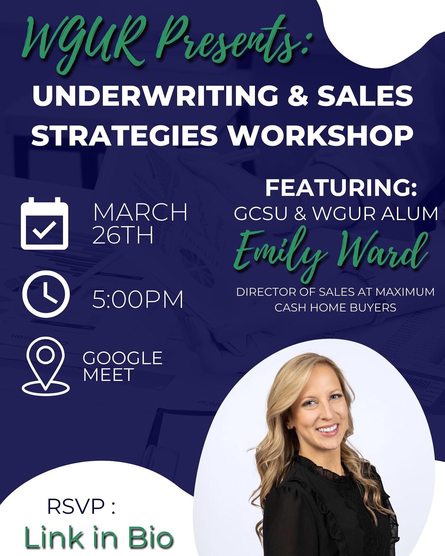 Interested in learning more about sales and underwriting? We are offering a workshop with Emily Ward, a WGUR alumni! Join us today on Google Meet at 5pm to learn how to close a deal like a pro⚡️⚡️