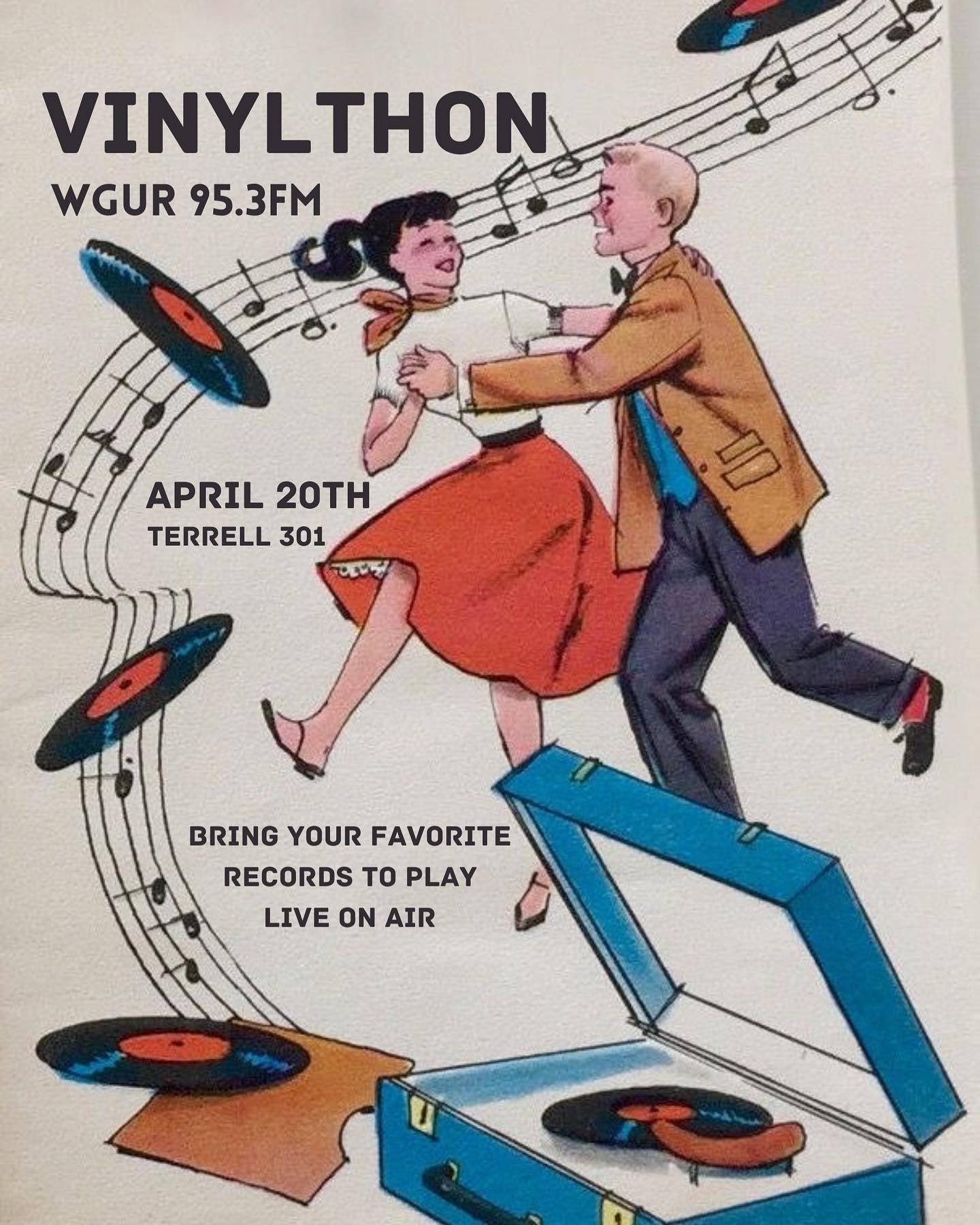 Join WGUR this Saturday to celebrate Vinylthon! Bring your vinyl collection to play your favorite records live on air! DJs can sign up through the link in our GroupMe🎶🎙️