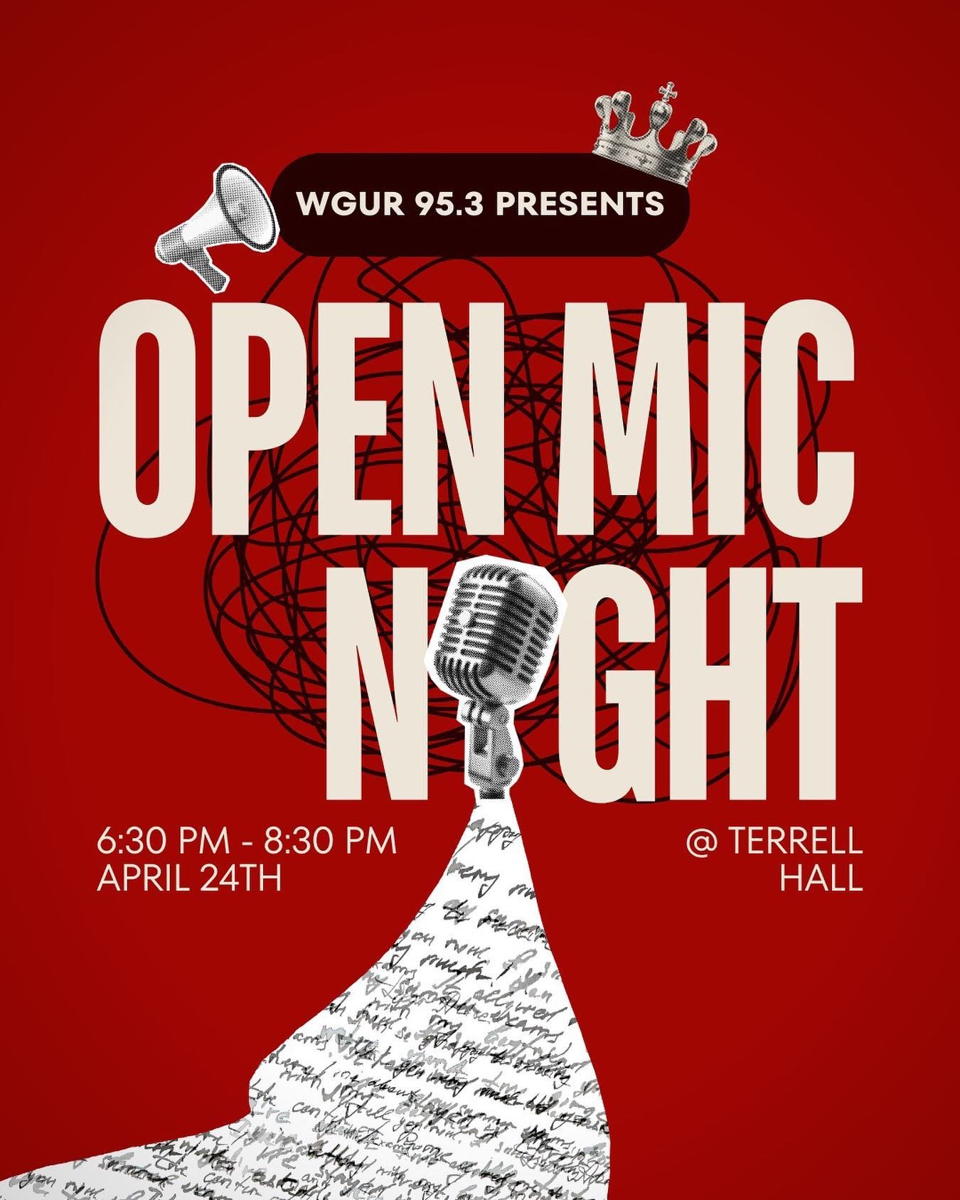 Get ready to shine on stage with WGUR&rsquo;s open mic night!!✨✨✨Join us tomorrow for our last event of the semester! 🎤💿🎶