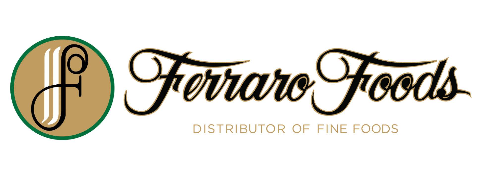 Ferrarro Foods logo with an oval emblem containing a stylized fork and spoon, and the company name in elegant script accompanied by the tagline "Distributor of Fine Foods"