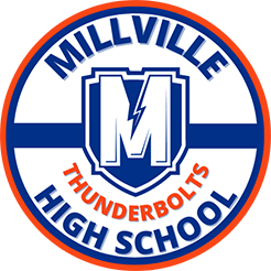 Logo of Millville High School Thunderbolts, featuring a large letter 'M' with a lightning bolt, surrounded by a blue and orange circular border with the school name.
