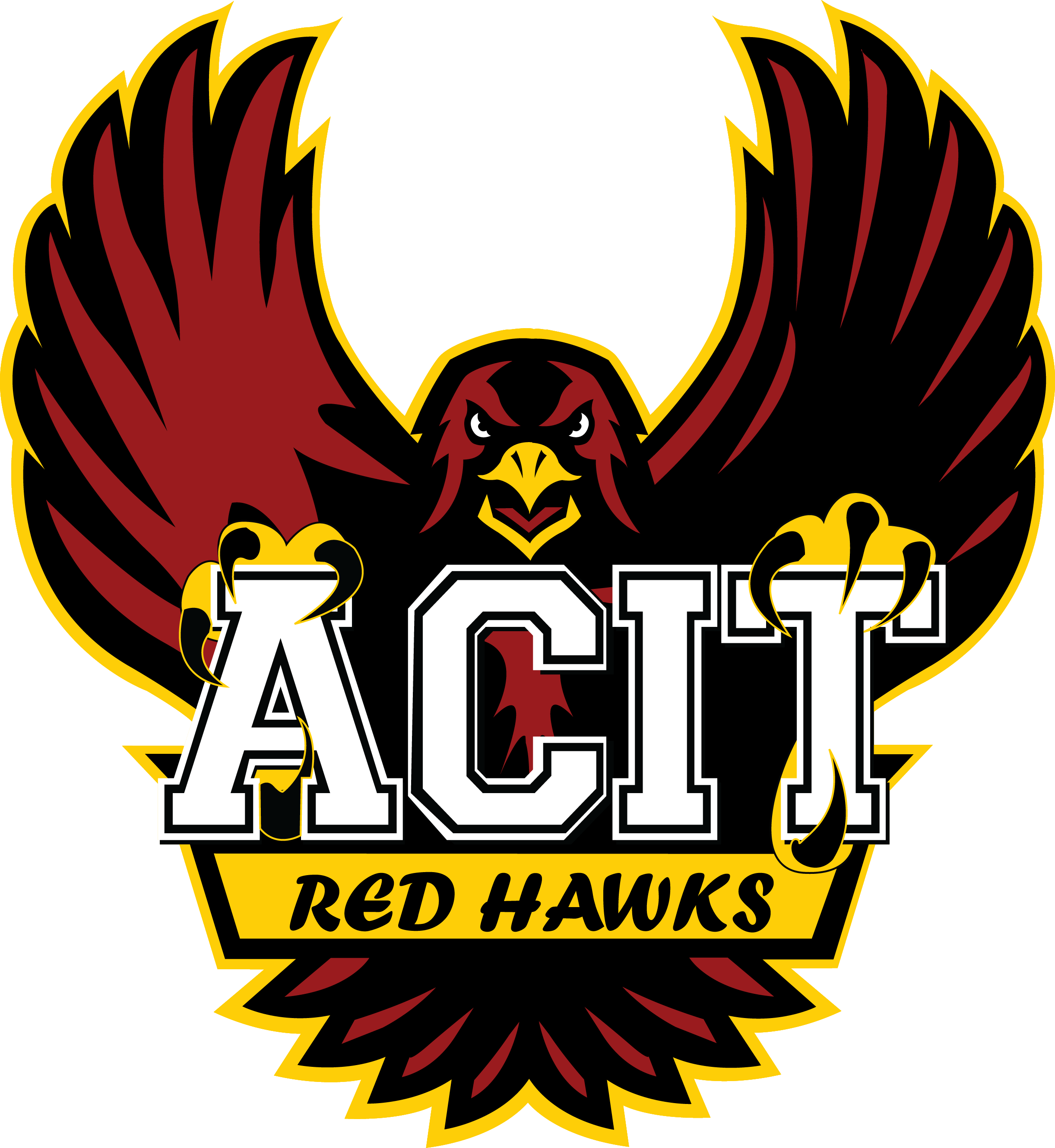 Logo of University of Arizona Red Hawks featuring an aggressive red hawk with large wings, surrounded by a yellow and black border, with the team name in bold black and white letters.