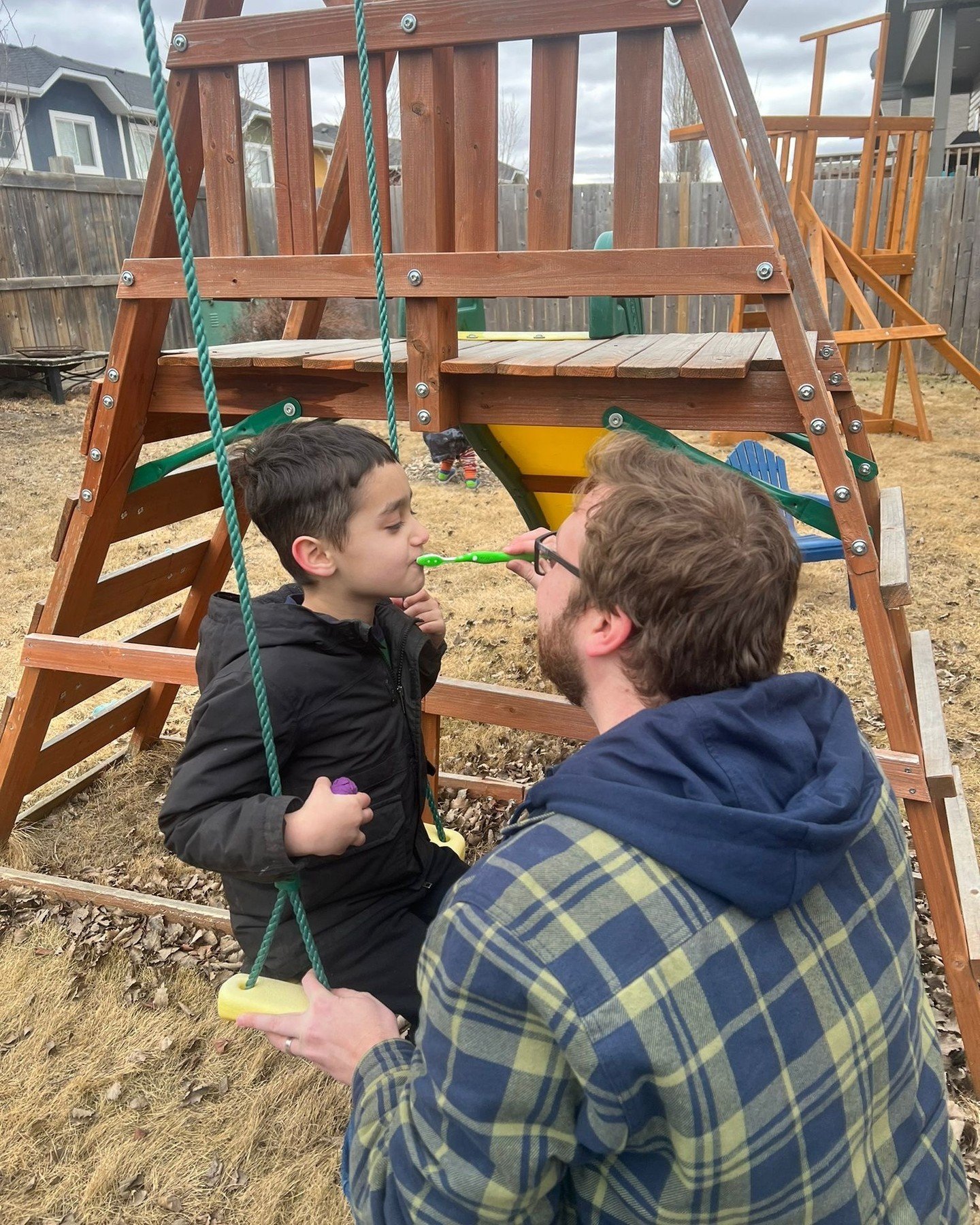 Coach Connor is helping a client with basic oral desensitization. He's making it fun and enjoyable by doing it on the swing, which is the client's favourite place! 🪥🙌🦷

Teeth brushing is a common issue for many kids and adults (neurodivergent or n