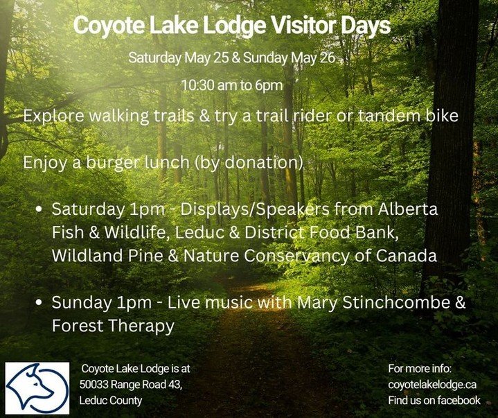 Coyote Lake Lodge in Leduc County has been providing excellent inclusive nature experiences for nearly a decade. For folks who walk, or use mobility aids, the Coyote Lake Lodge is open this coming Saturday and Sunday (May 25/26) for their Visitor Day