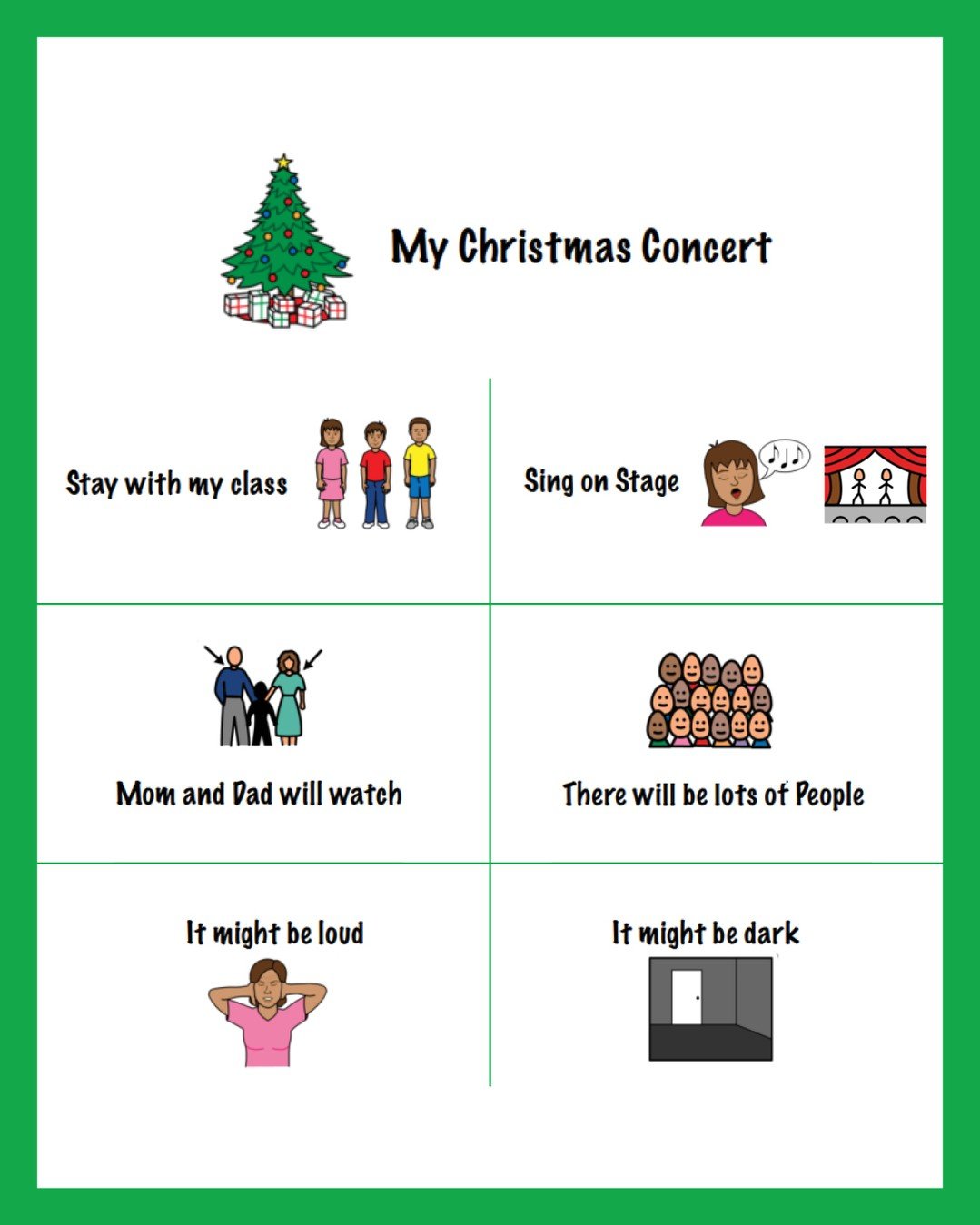 🎄✨ Tips to prepare for the holidays:

🗓️ Use holiday-themed visuals to help set context for events from holiday concerts to opening presents together.
🎁 Unwrapping presents can be noisy and overwhelming&mdash;unwrap one at a time, use gift bags or