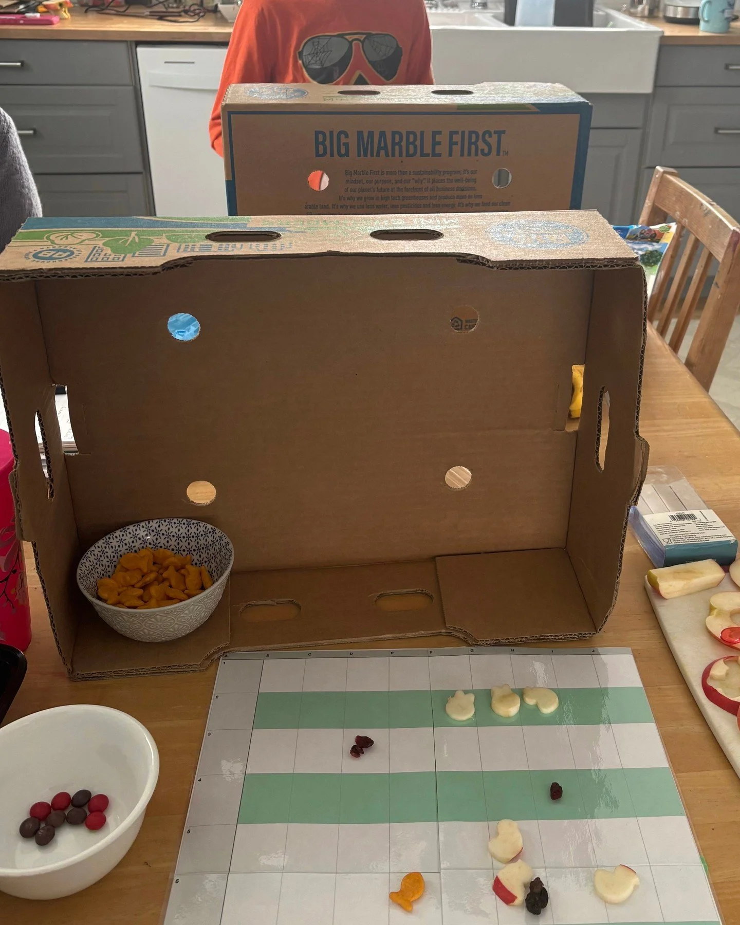 Coach Ashley had so much fun creating a Food Battleship game for a couple of her clients this week! 🎯🍎

It was a total hit (no pun intended 😄). The kiddo was busy playing and didn&rsquo;t think twice about touching or moving the apple pieces used 