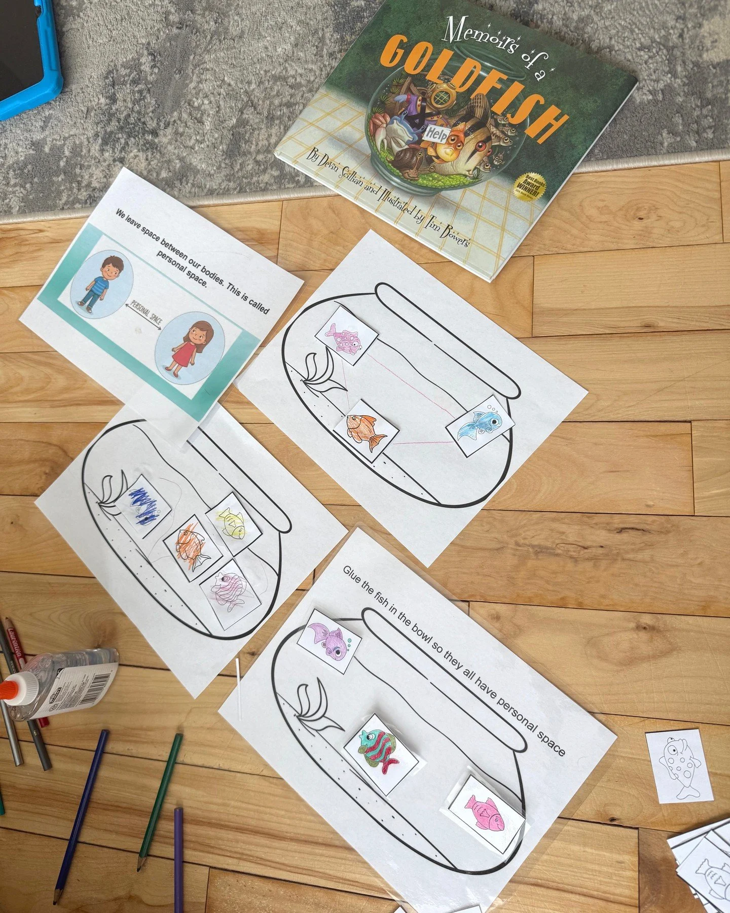 How do you teach personal space creatively? Coach Kendall used the analogy of goldfish and built personal space aquariums with a client on a recent visit. 

With a Social Story&trade; and colouring activities, the fish learned to live comfortably in 