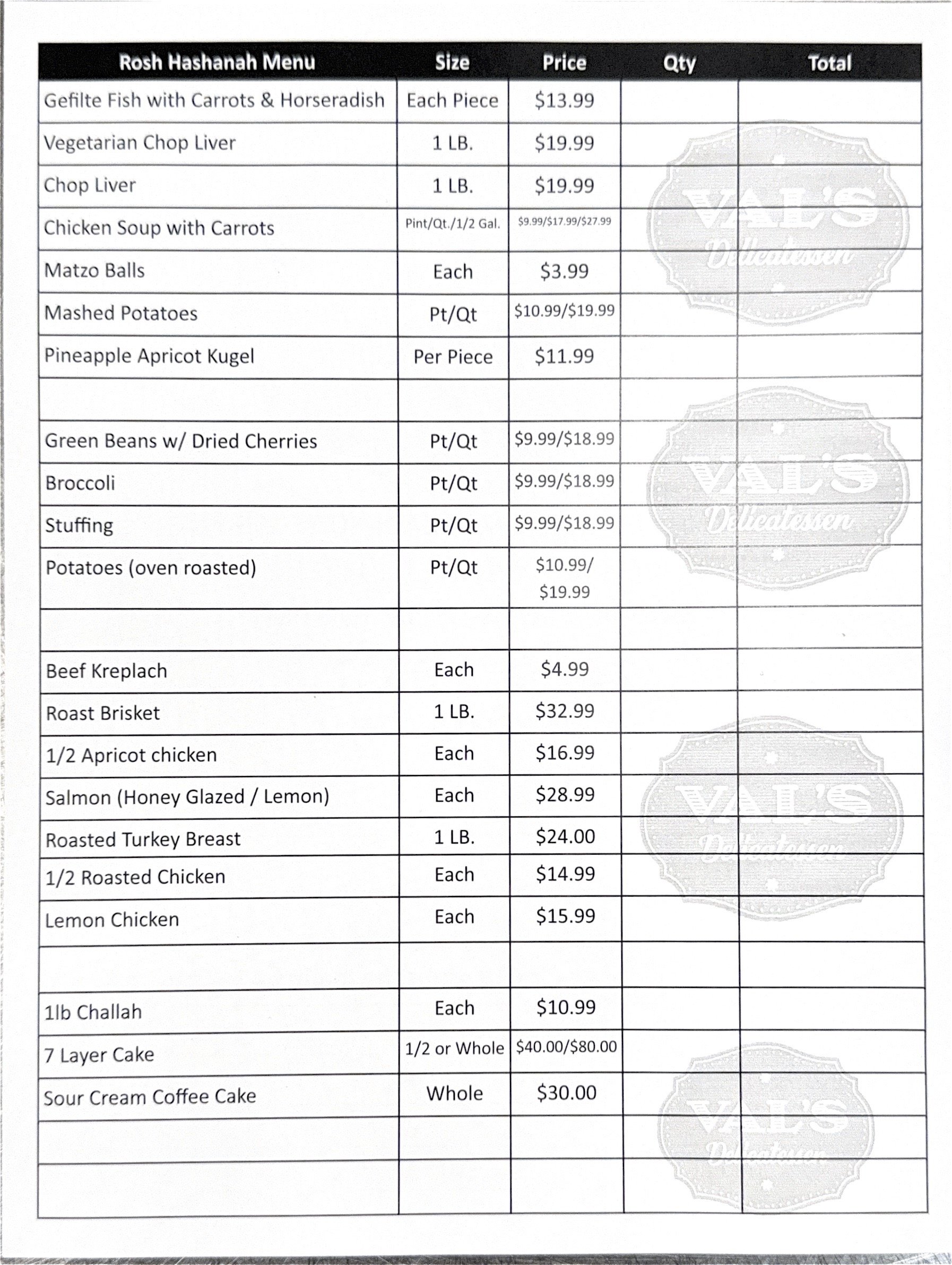 Vace Menu Val's Delicatessen