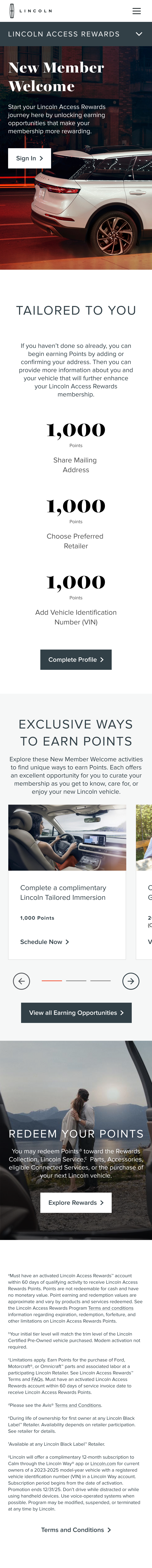 Mobile webpage of Lincoln Access Rewards program featuring welcome message for new members, eligibility details for earning points, options to complete profile, earn points, view rewards, and redeem points, with images of a car and a person driving.