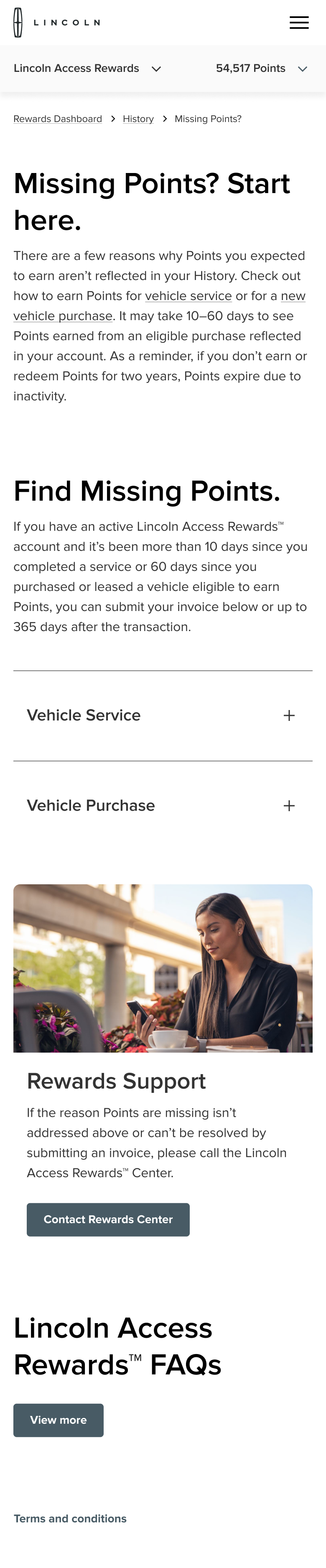 A webpage from Lincoln Access Rewards providing instructions on how to find missing points, with a photo of a woman using her phone at an outdoor cafe.