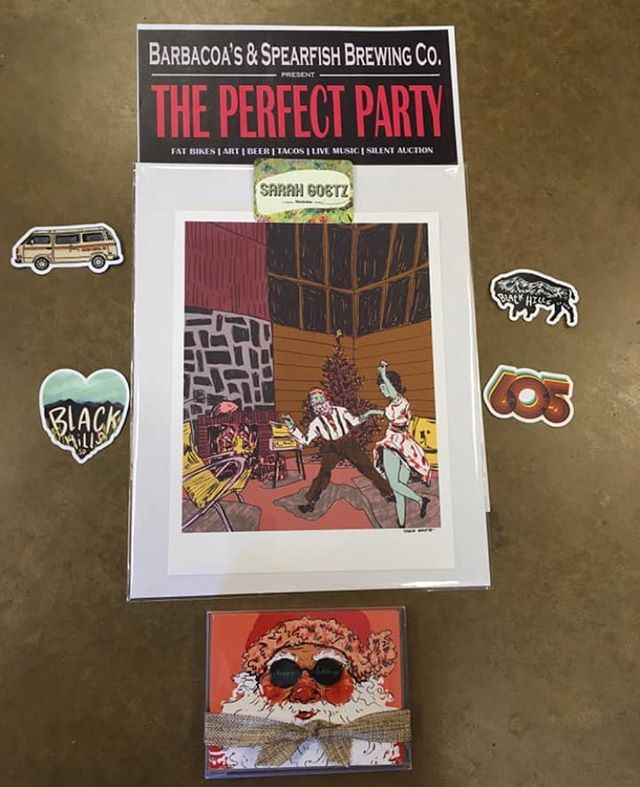 Thanks to @sarahgoetz for the donation of a print, stickers and holiday cards. Sarah will also have a booth set up with some art for sale at our fundraiser on 11/23, so come down to the Pavillion that night and check it out