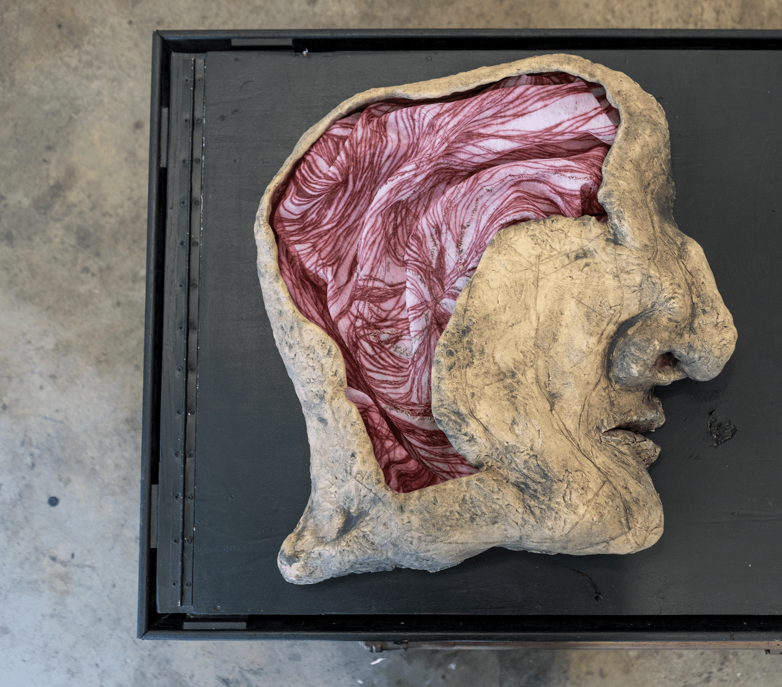 “Head”, Christina Y. Fesmire, Nguyen Ly, Ceramic, Drypoint on Fabric, Hand Stitching, 24" x 20”, 5", 2024