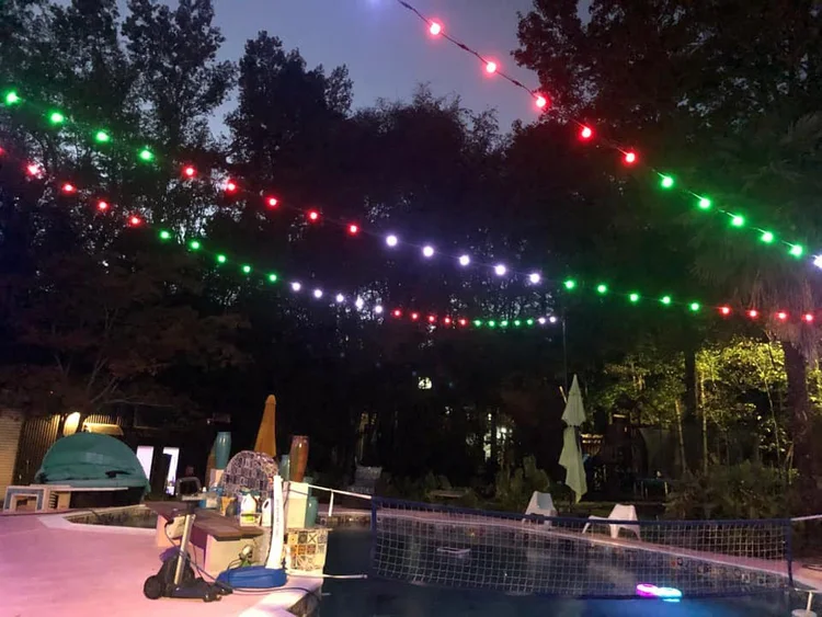 Globe Lights around an outdoor pool