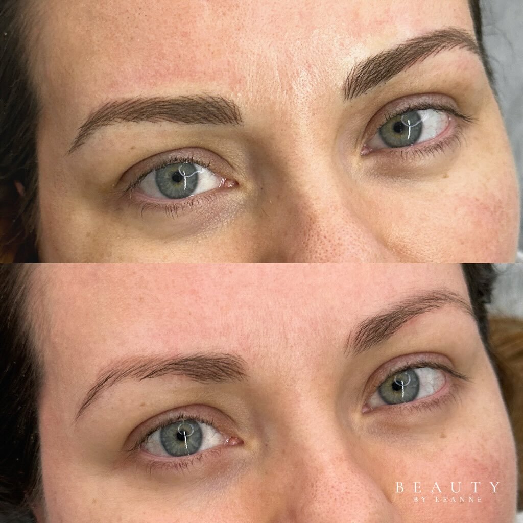 Faded 2016 microblading (done elsewhere) refreshed in 2024 with nano brows, which I call microblading 2.0 ☺️. This busy mama was tired of doing her brows while adjusting to motherhood.

My client remembers microblading feeling more painful and very d