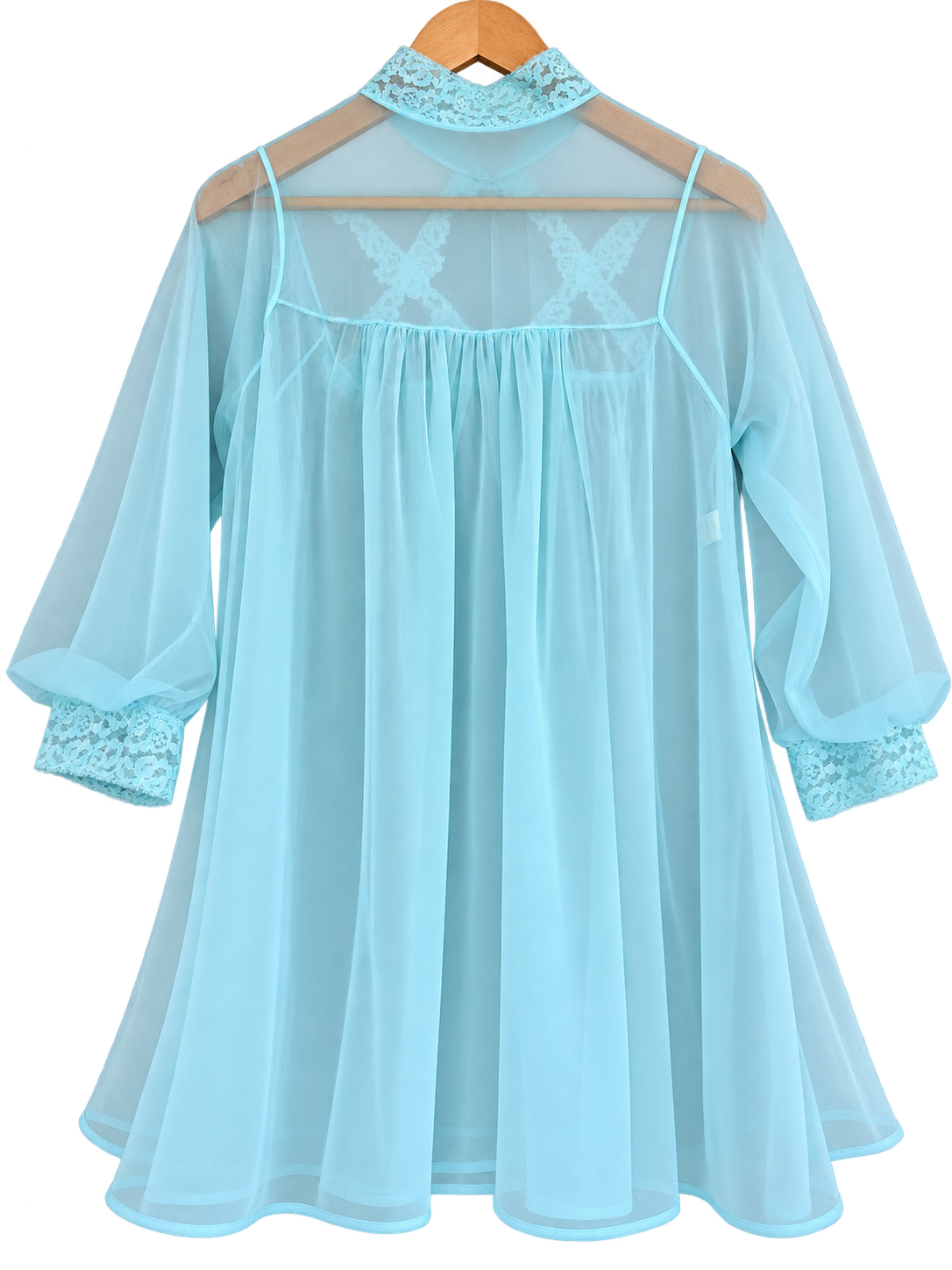 Sheer Aqua Lace Robe on Wooden Hanger.png
