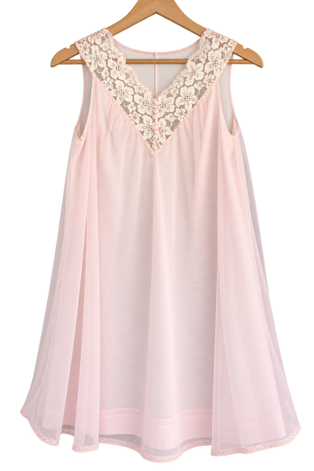 Vintage Pink Lace Nightgown on Wooden Hanger (1).png