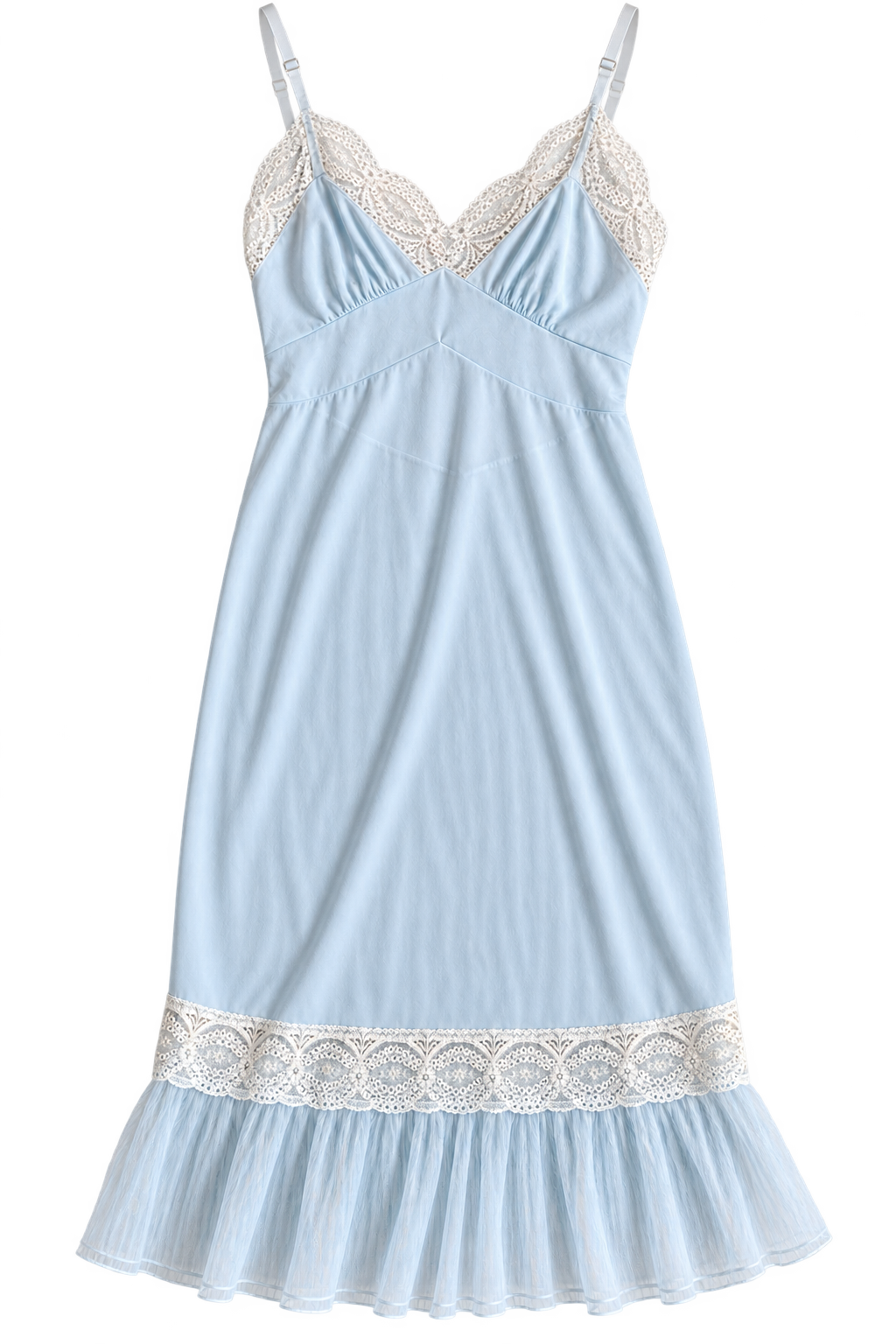 Vintage Powder Blue Lace-Trimmed Slip Nightgown with Pleated Chiffon Hem