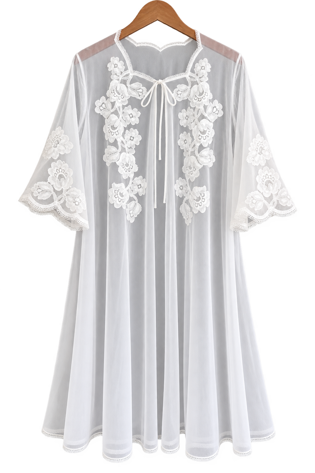 Sheer Ivory Lace Robe on Wooden Hanger.png