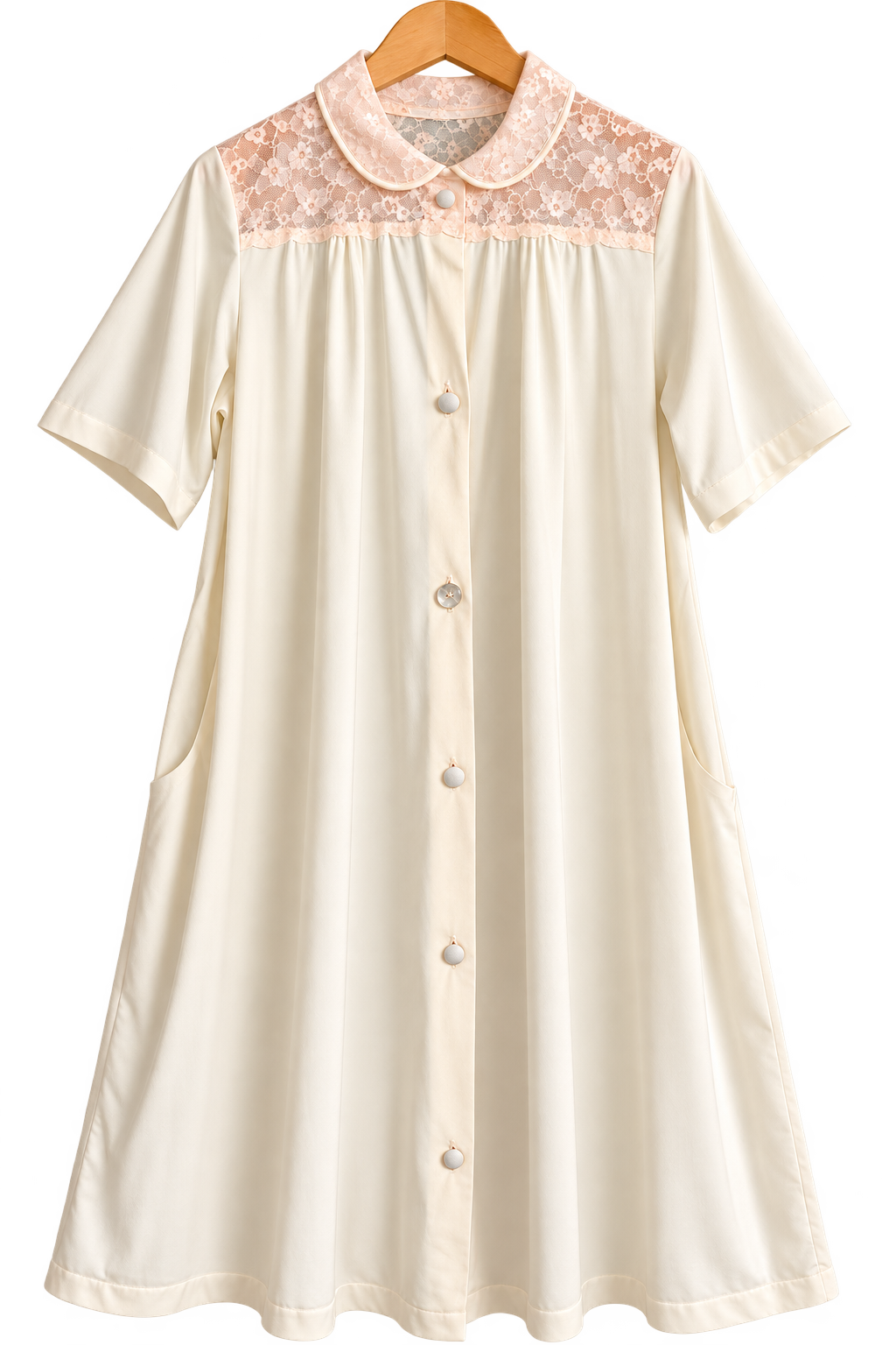 Vintage Ivory Satin Nightgown Robe with Blush Floral Lace & Peter Pan Collar