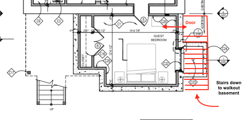 New steps from grade to the basement bedroom allowed us to eliminate the egress window and provide access to the basement without entering the first floor. Perfect for guests and relatives, a live-in helper, or even a tenant.