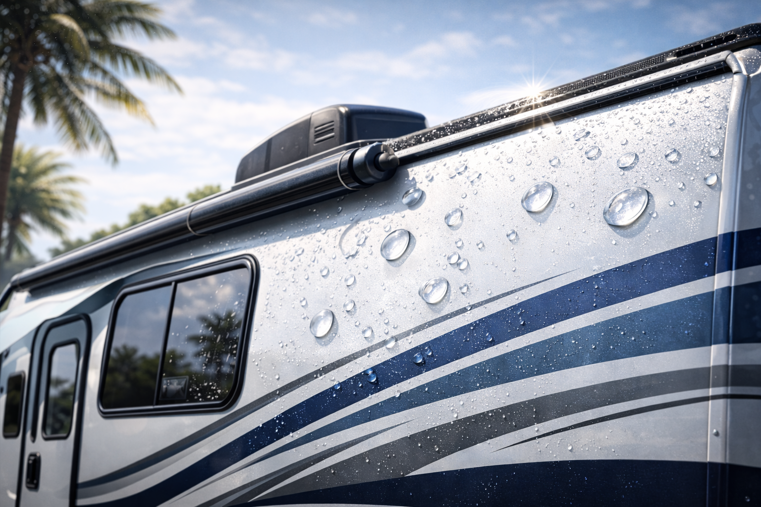Water beading and sheeting off ceramic-coated RV fiberglass showing hydrophobic protection