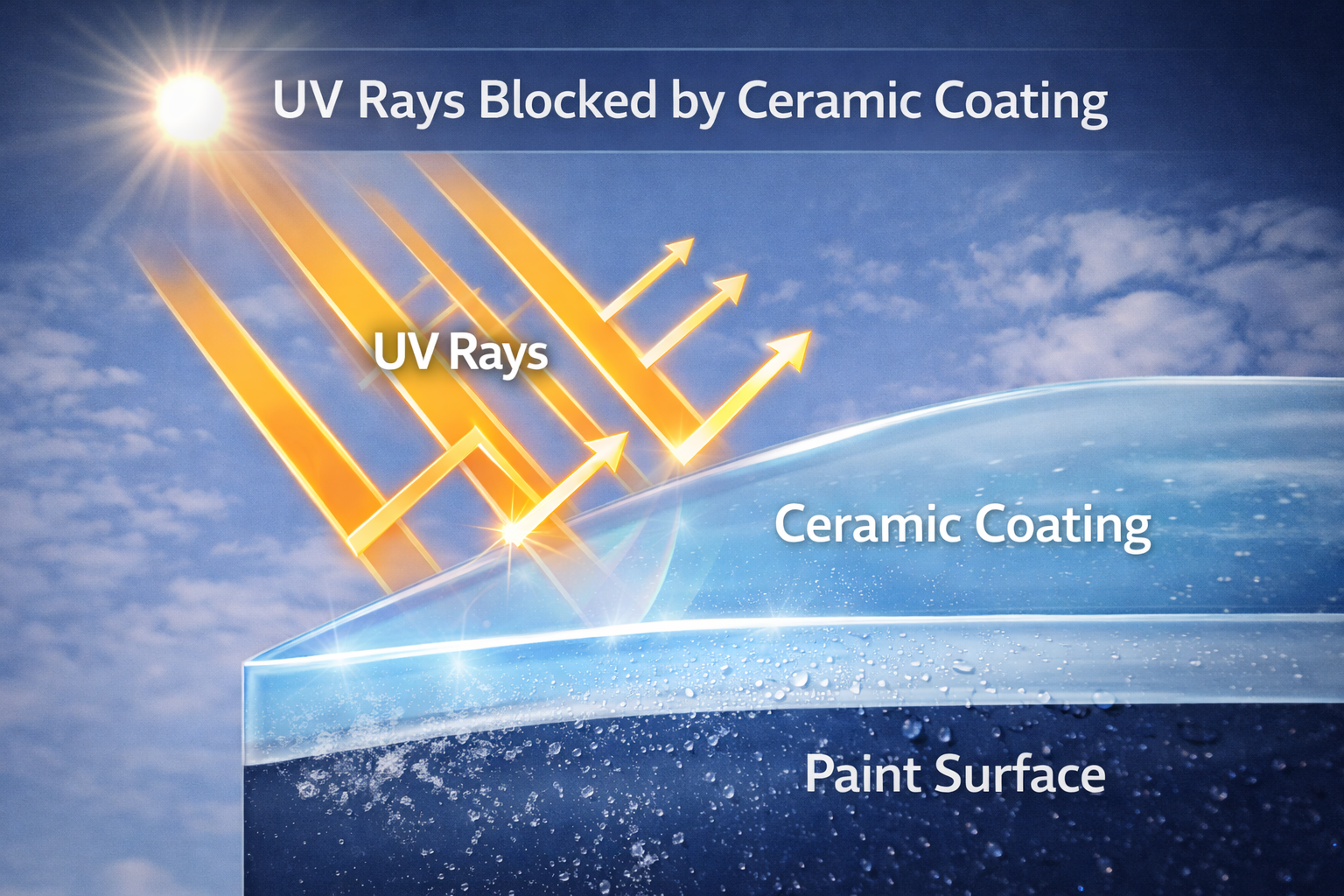 Diagram of UV radiation being blocked by ceramic coating protective layer
