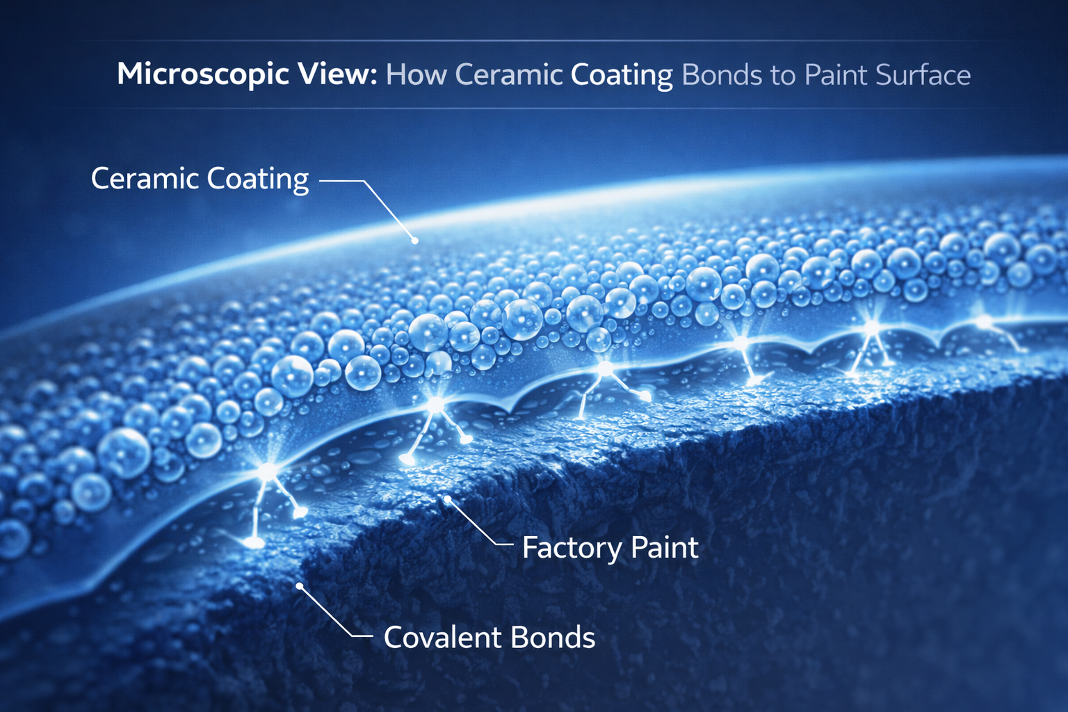 Diagram showing SiO2 ceramic coating bonding at molecular level to vehicle paint