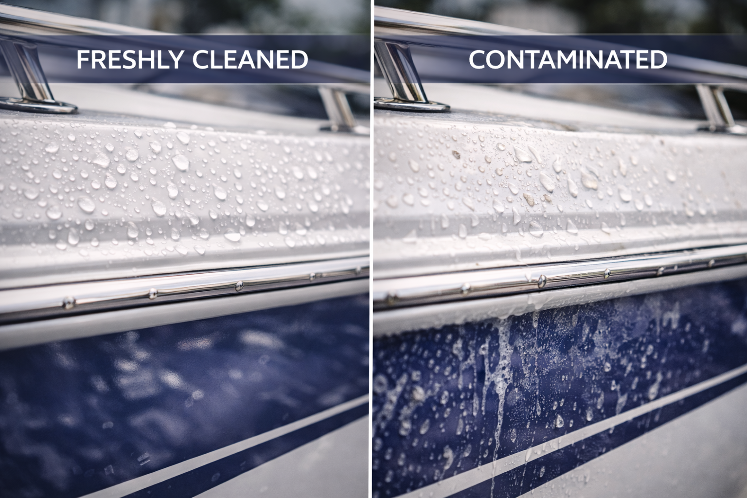 Water beading showing difference between clean ceramic coating and contaminated coating needing decontamination