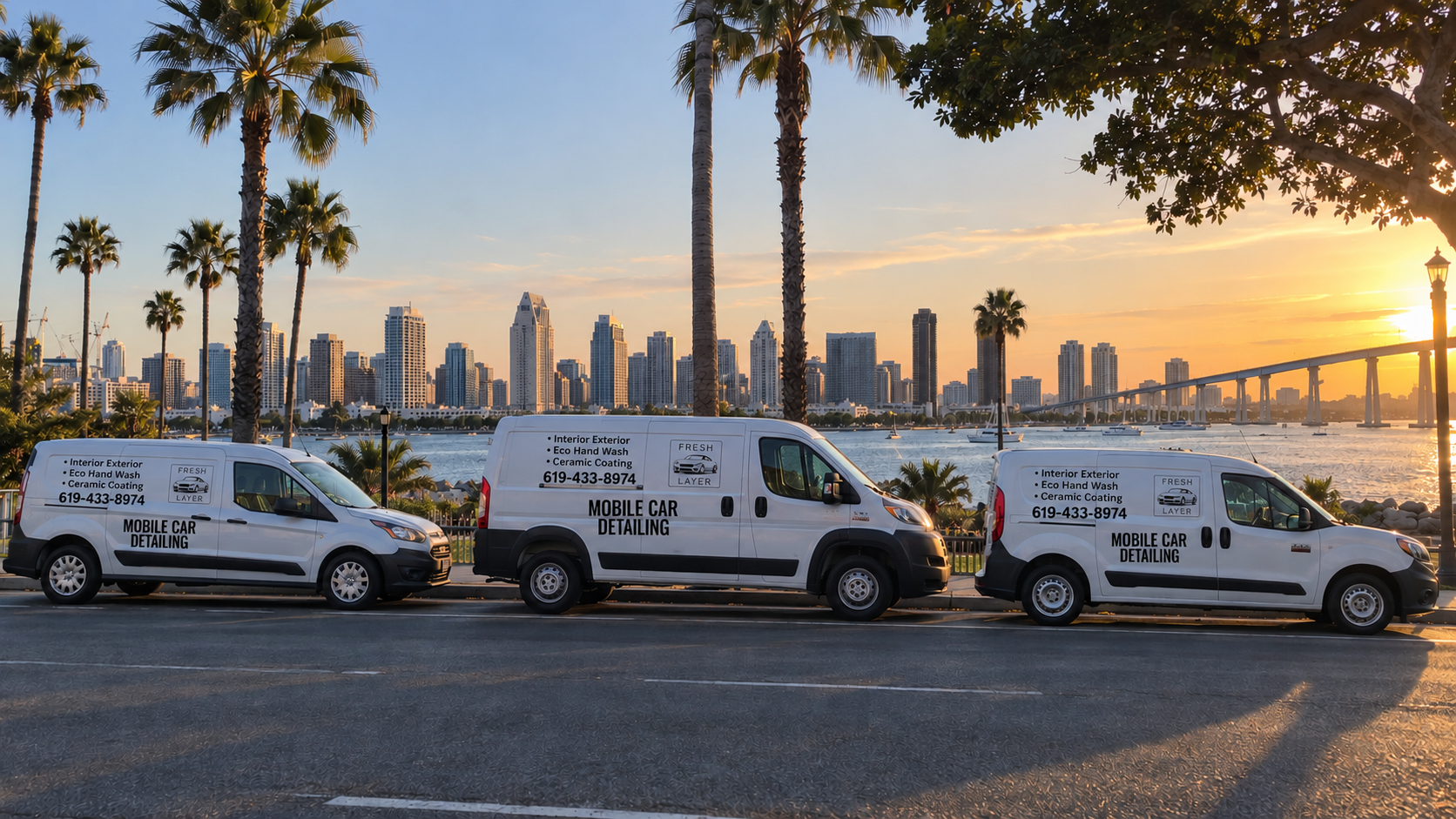 Mobile detailing van servicing a car in a San Diego driveway