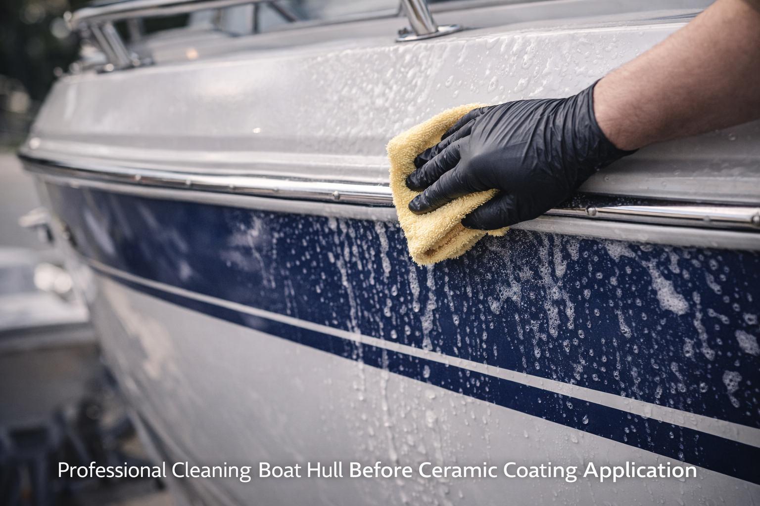 Thorough cleaning and prep of boat gelcoat before marine ceramic coating application
