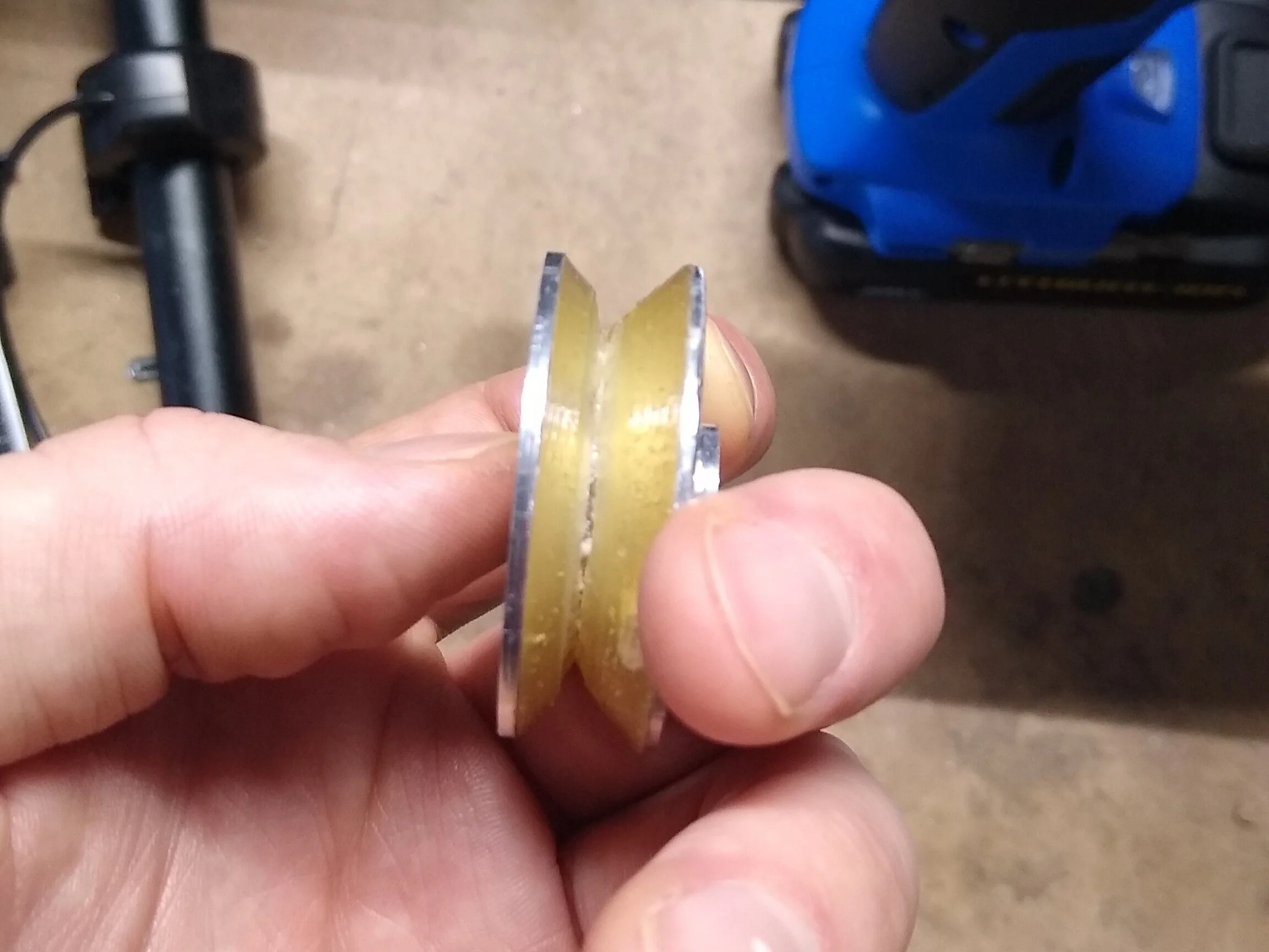 This image shows the pulley with the urethane split to the aluminum core