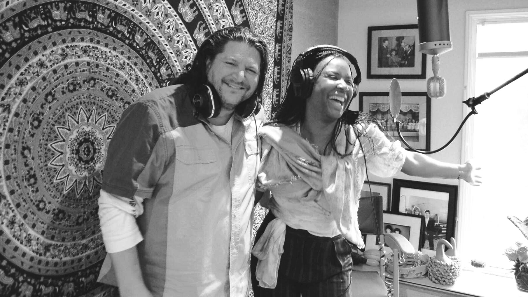 Afropop star Charlotte Dipanda celebrates a great take with Scott Frankfurt