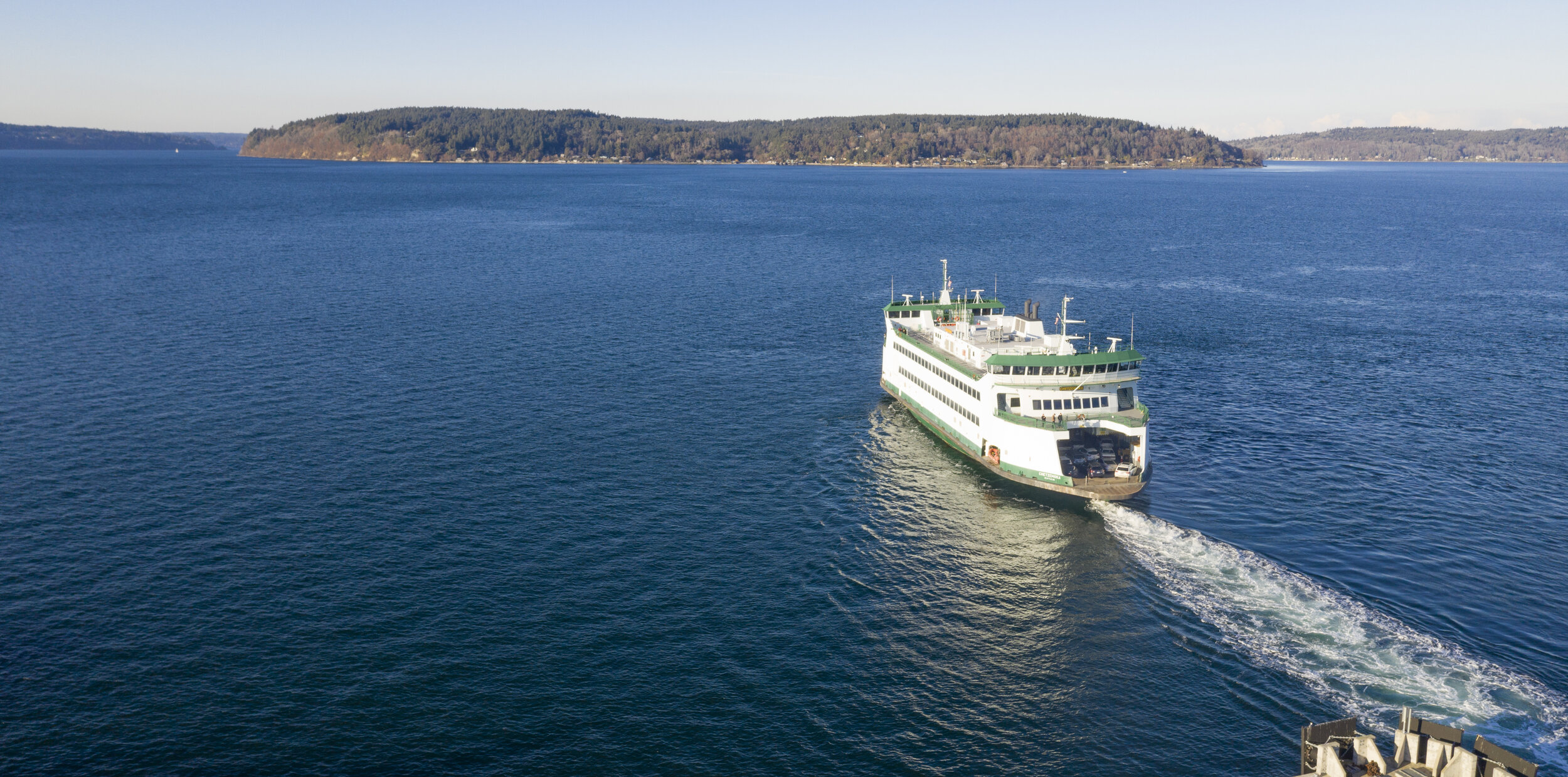 Aerial View Ferry Crossing Puget Sound Headed For Vashon Island