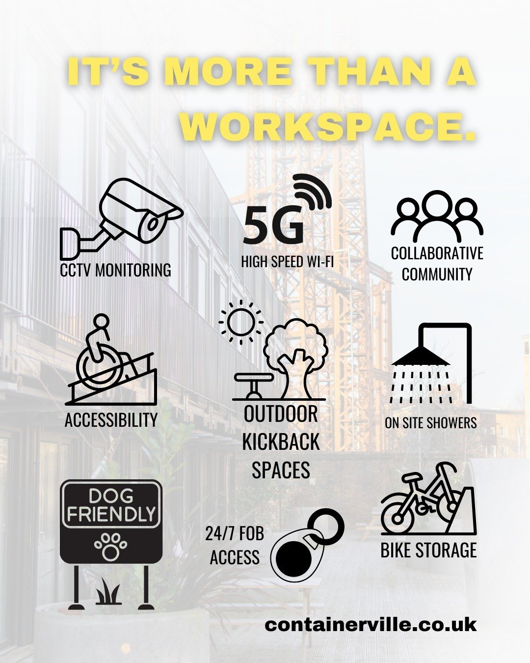 From superfast Wi-Fi to dog-friendly facilities, discover the amenities that make working at Containerville a breeze.

#MoreThanAWorkspace #DogFriendly #eastlondon
#Containerville #WorkPlaceCommunity