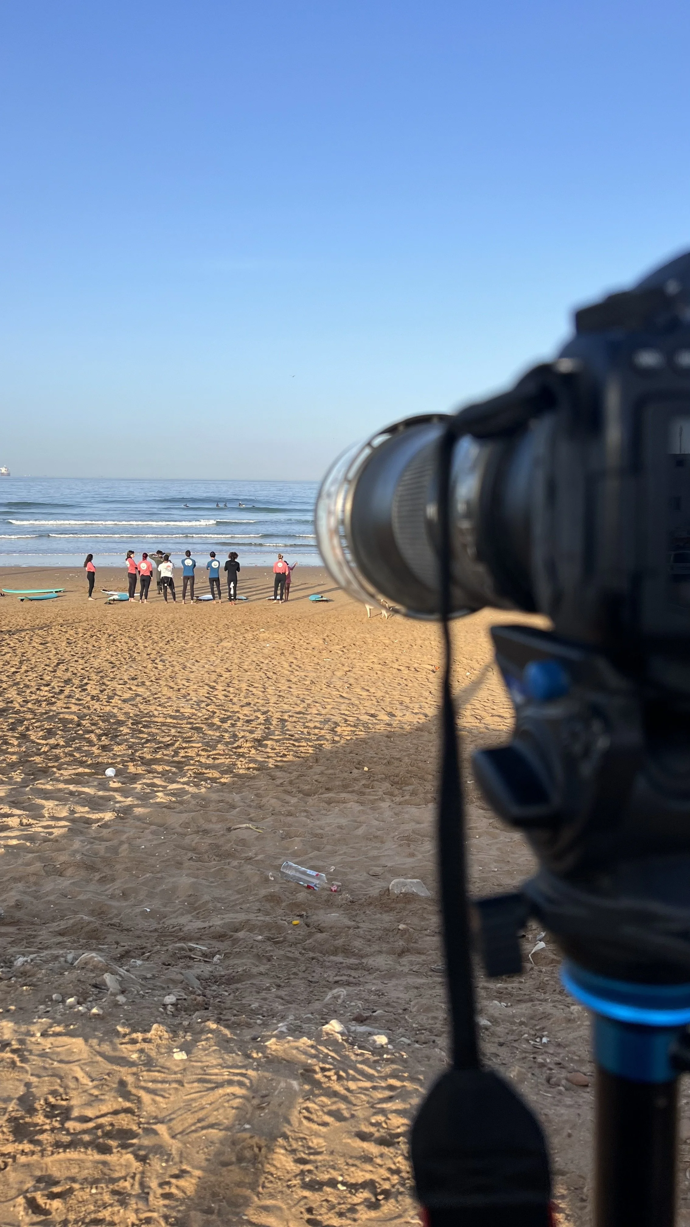 Camera set up for Local Surf Maroc sunrise session for surf video anlaysis at Anza, Morocco.