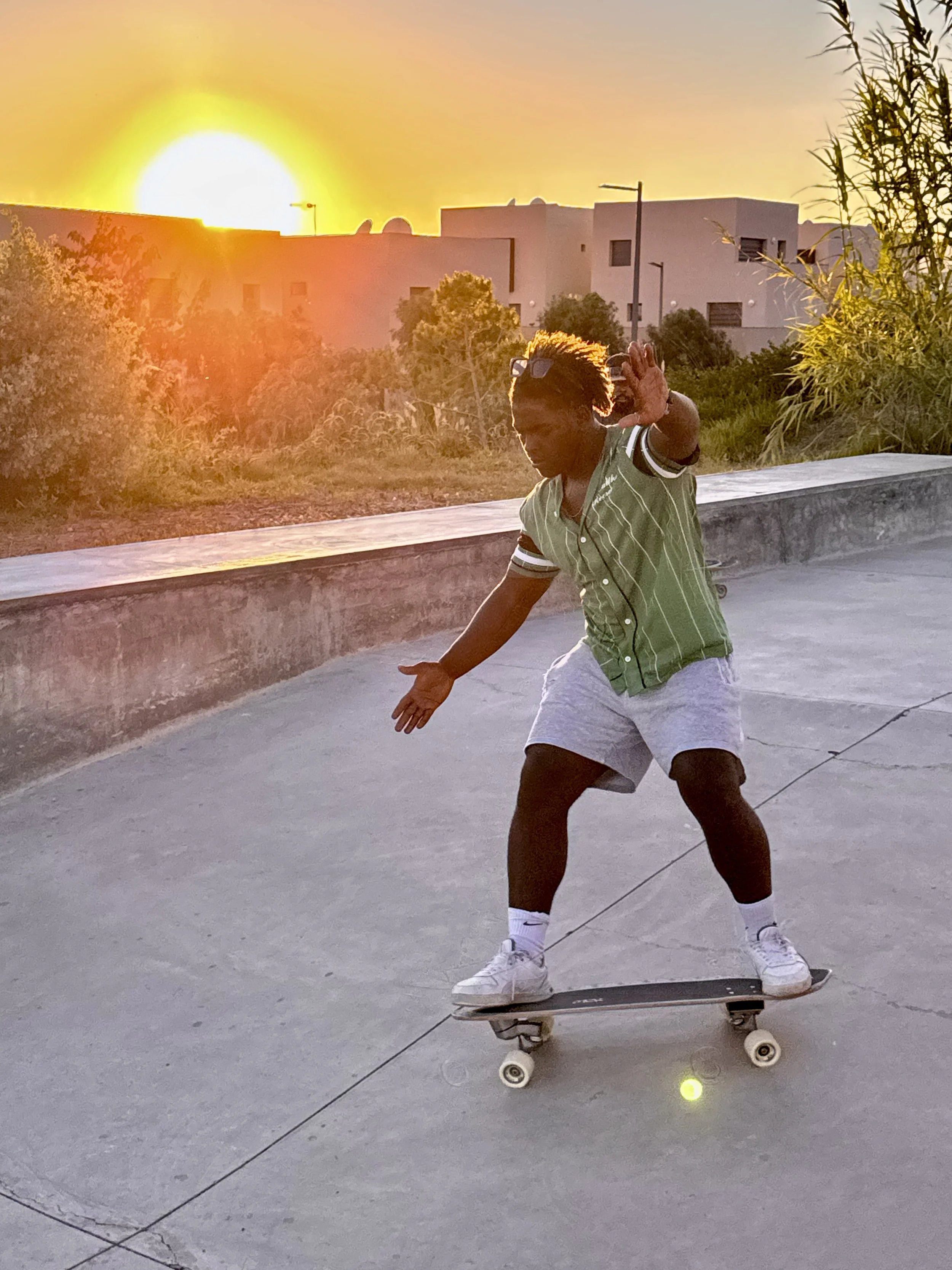 Soulayman, Local Surf Maroc surf and surfskate instructor, at K17 skatepark, Taghazout, Morocco.