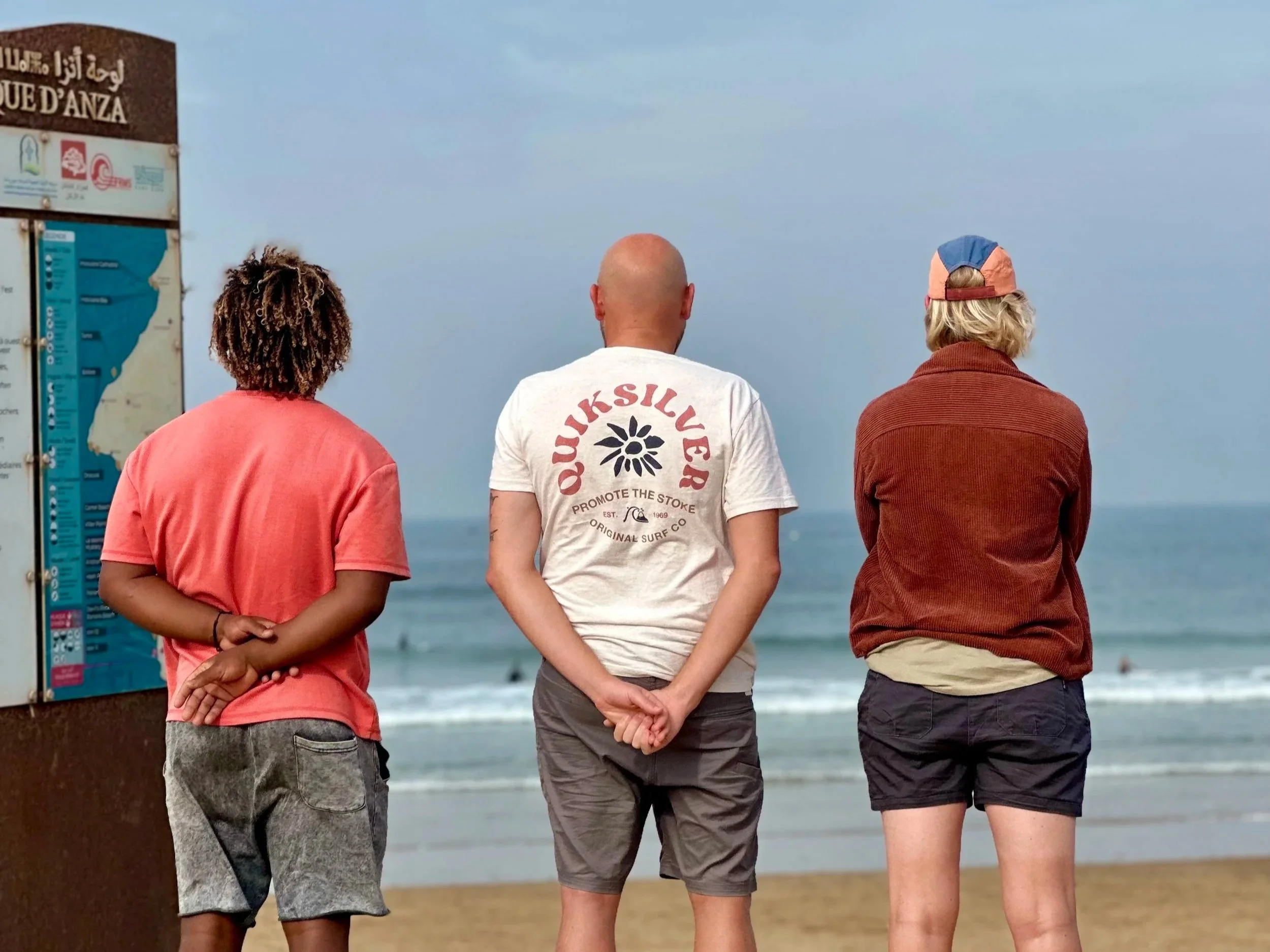 Intermediate surfers checking Anza surf spot with Local Surf Maroc instructor.