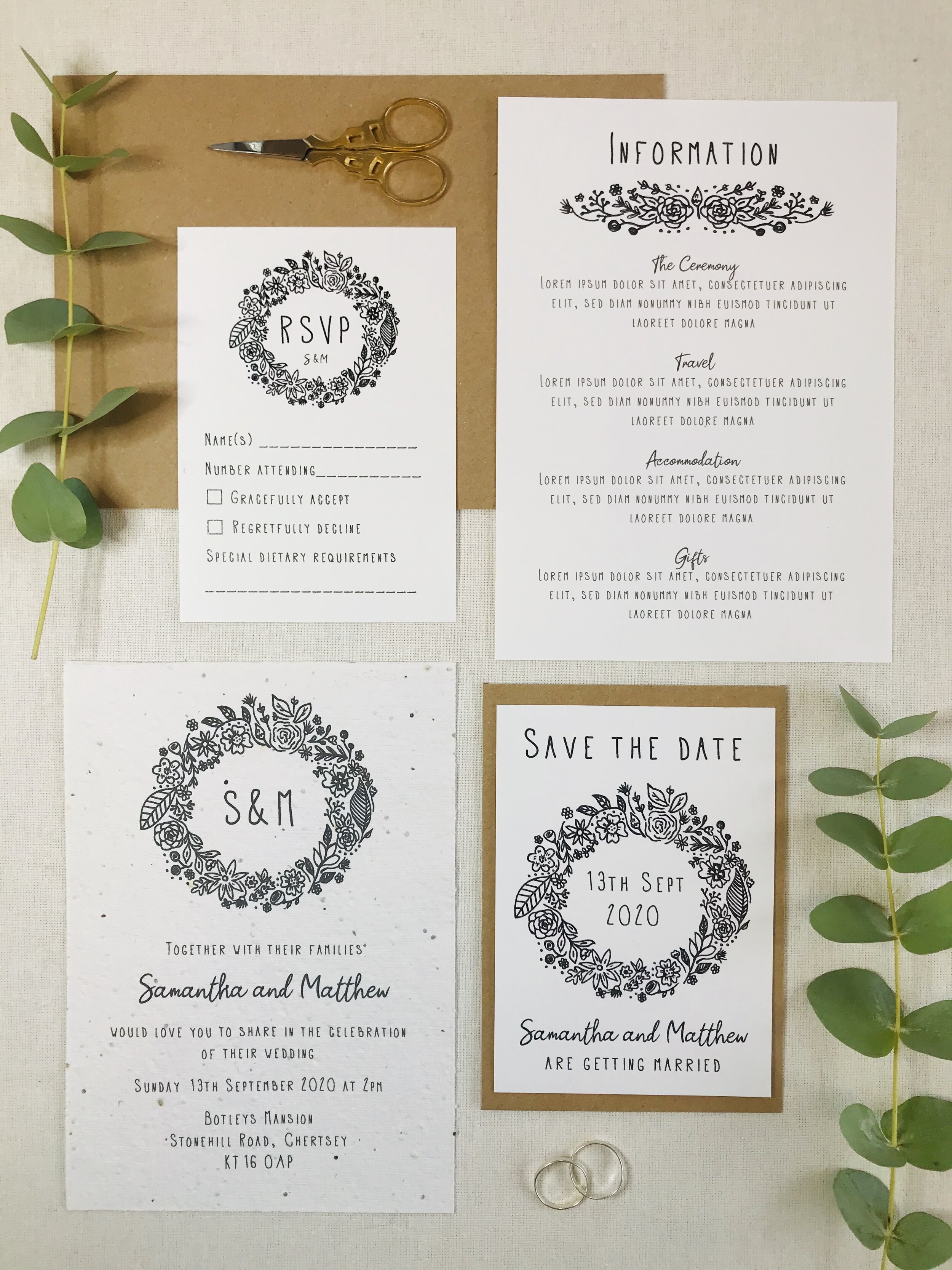 Eco friendly, plantable Wedding Invitation suite - Floral Wreath