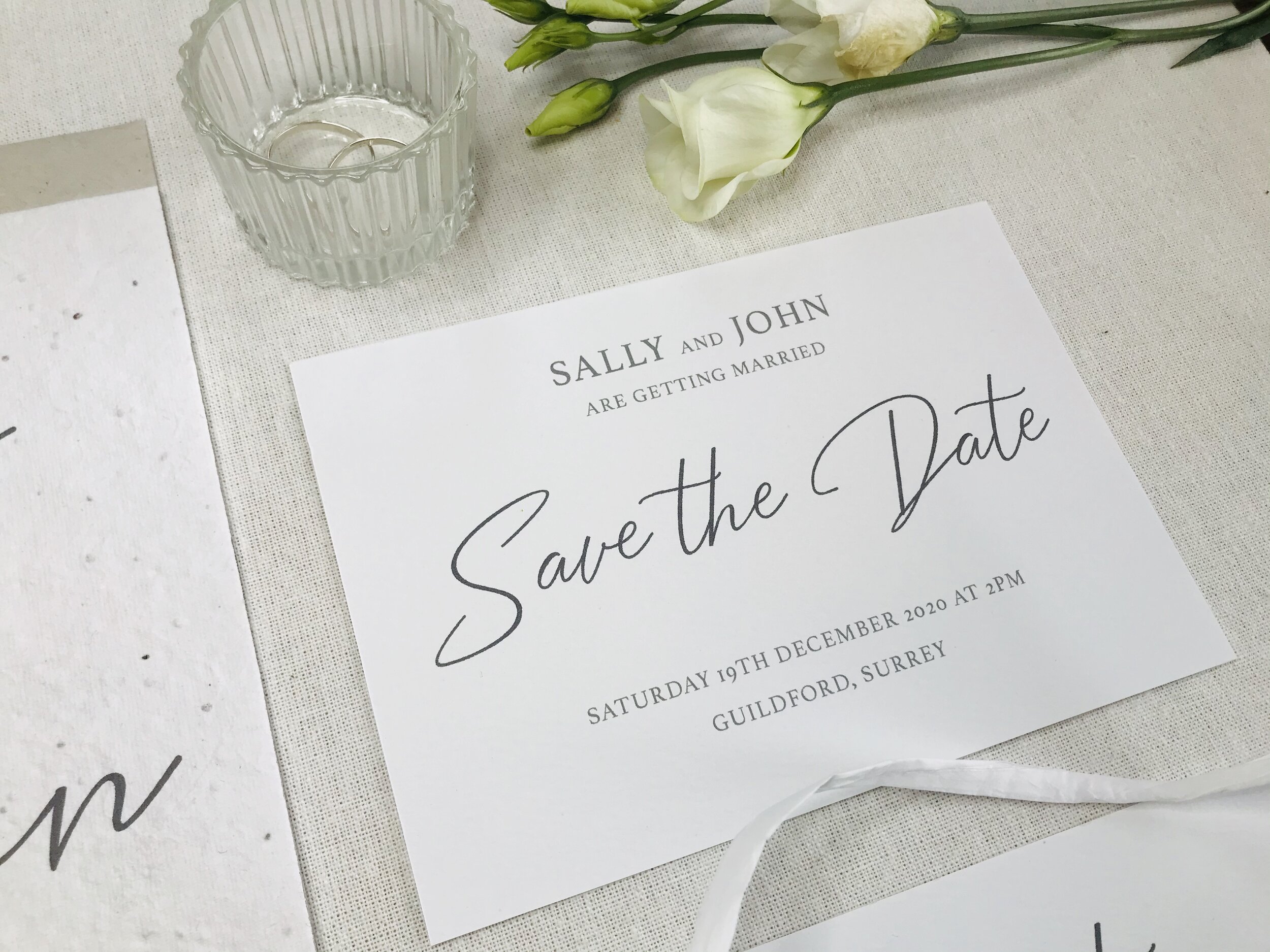 Eco friendly, recycled paper Wedding Save the Date - Simple Script