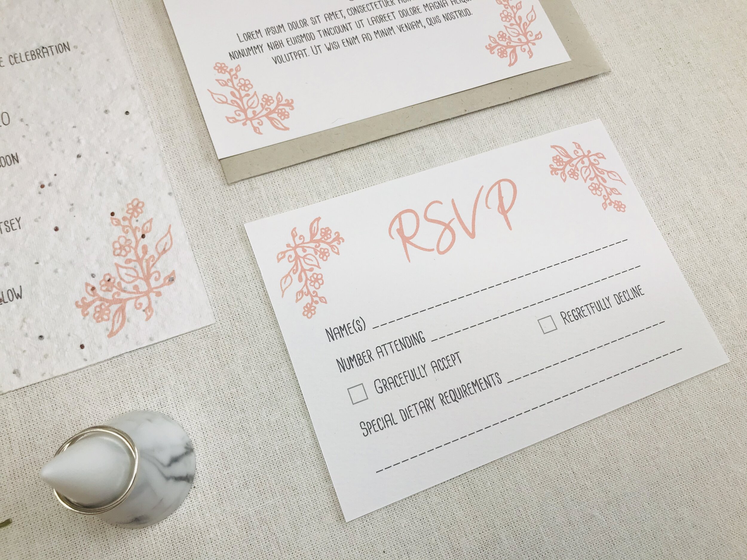 Eco friendly, recycled paper Wedding RSVP - Floral Coral
