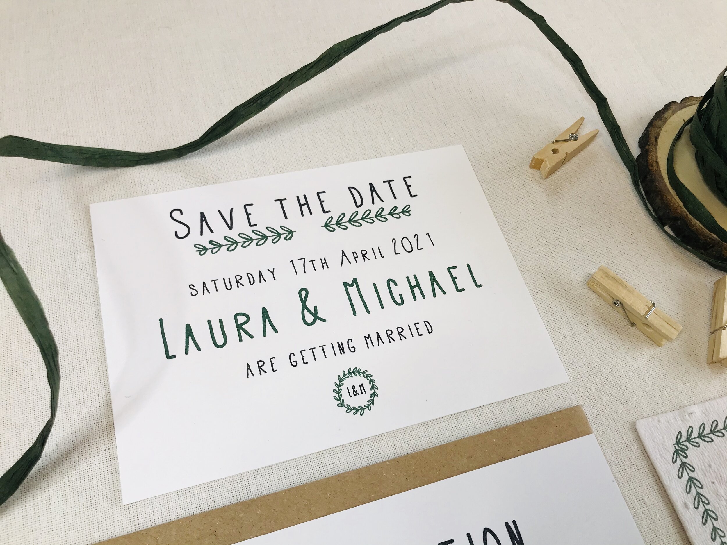 Eco friendly, recycled paper Wedding Save the Date - Leafy