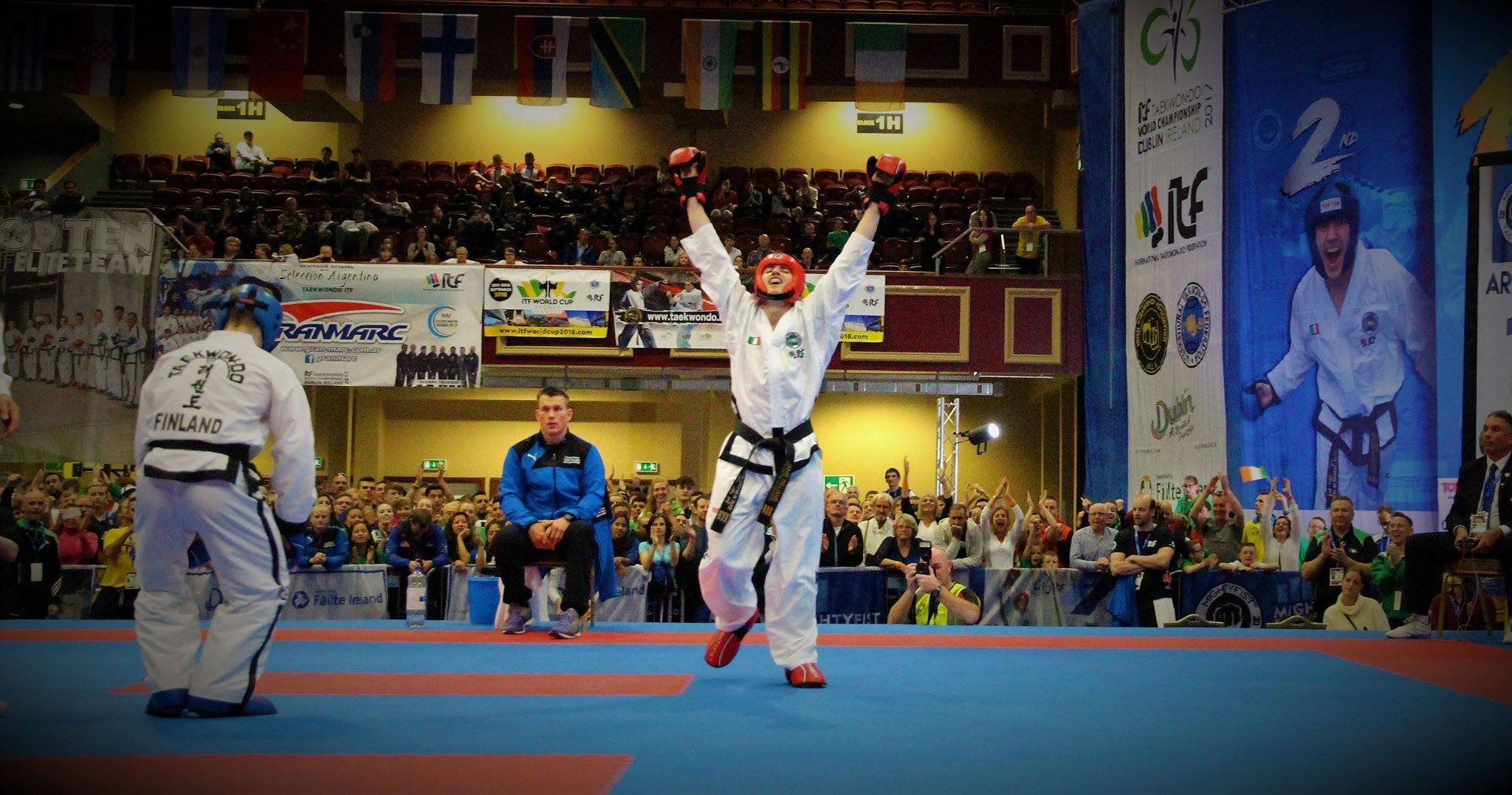 Jamie Williams of Shannon TKD club and Team Ireland moments after becoming -57kg World Champion with victory over Finland in 2017.jpg