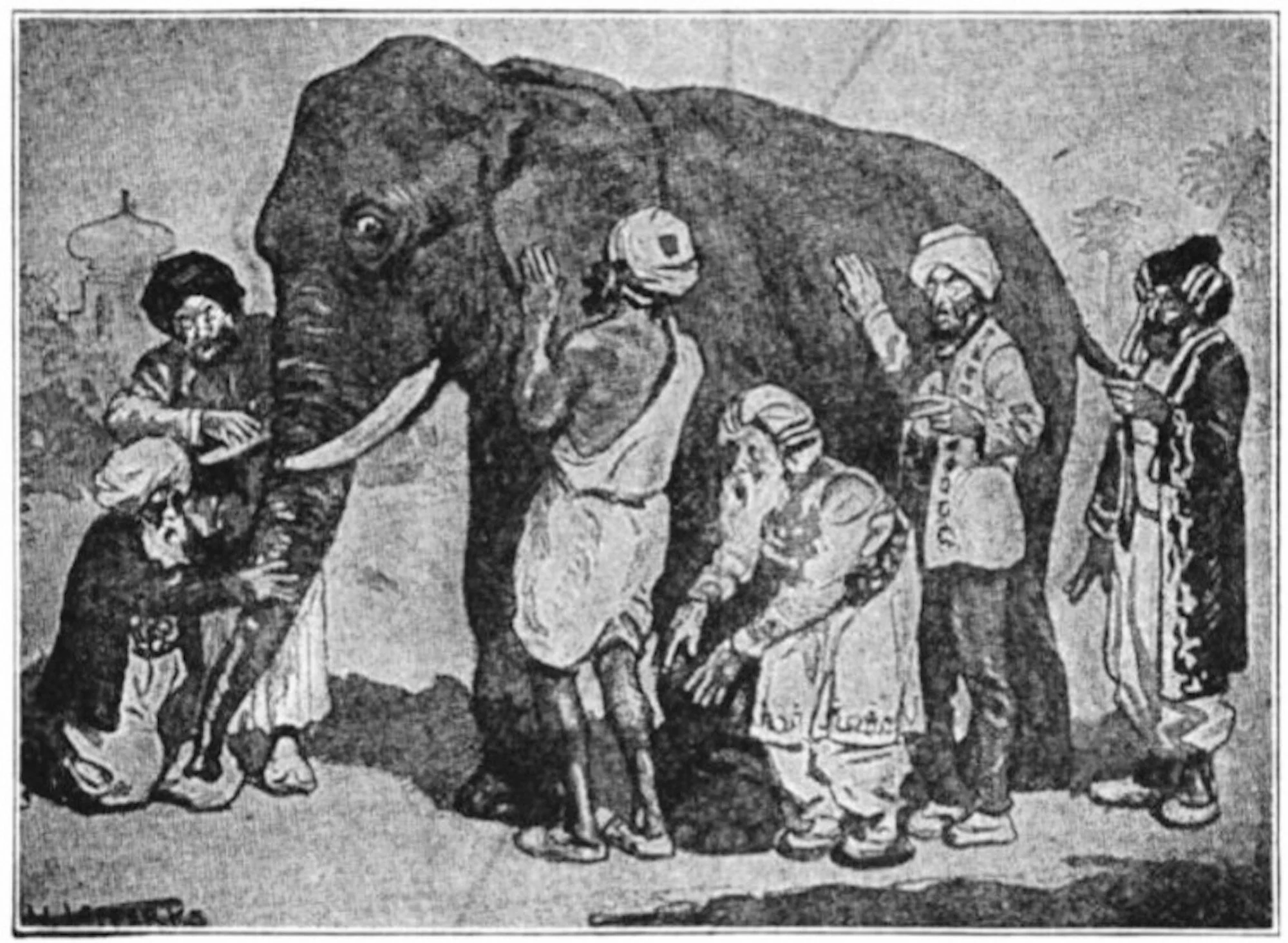 Illustration for the "Blind men and an elephant" parable from World Stories for Children by Sophie Woods (Ainsworth & Co., 1916)