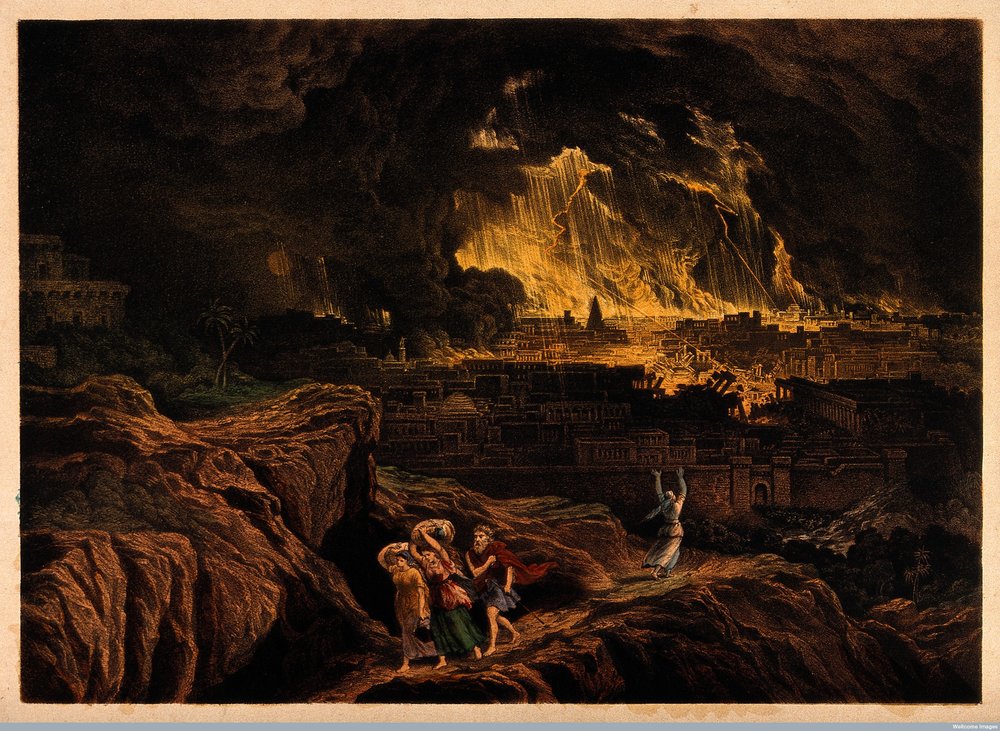 V0034238 Lot and his family flee Sodom as it burns; Lot's wife f